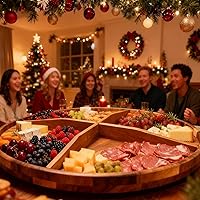 Vista 2 de Utoplike Extra Large Acacia Wood Serving Tray, 23.6'' Round Charcuterie board, Cheese board with Rotating Base Raised Edge and Removable Dividers