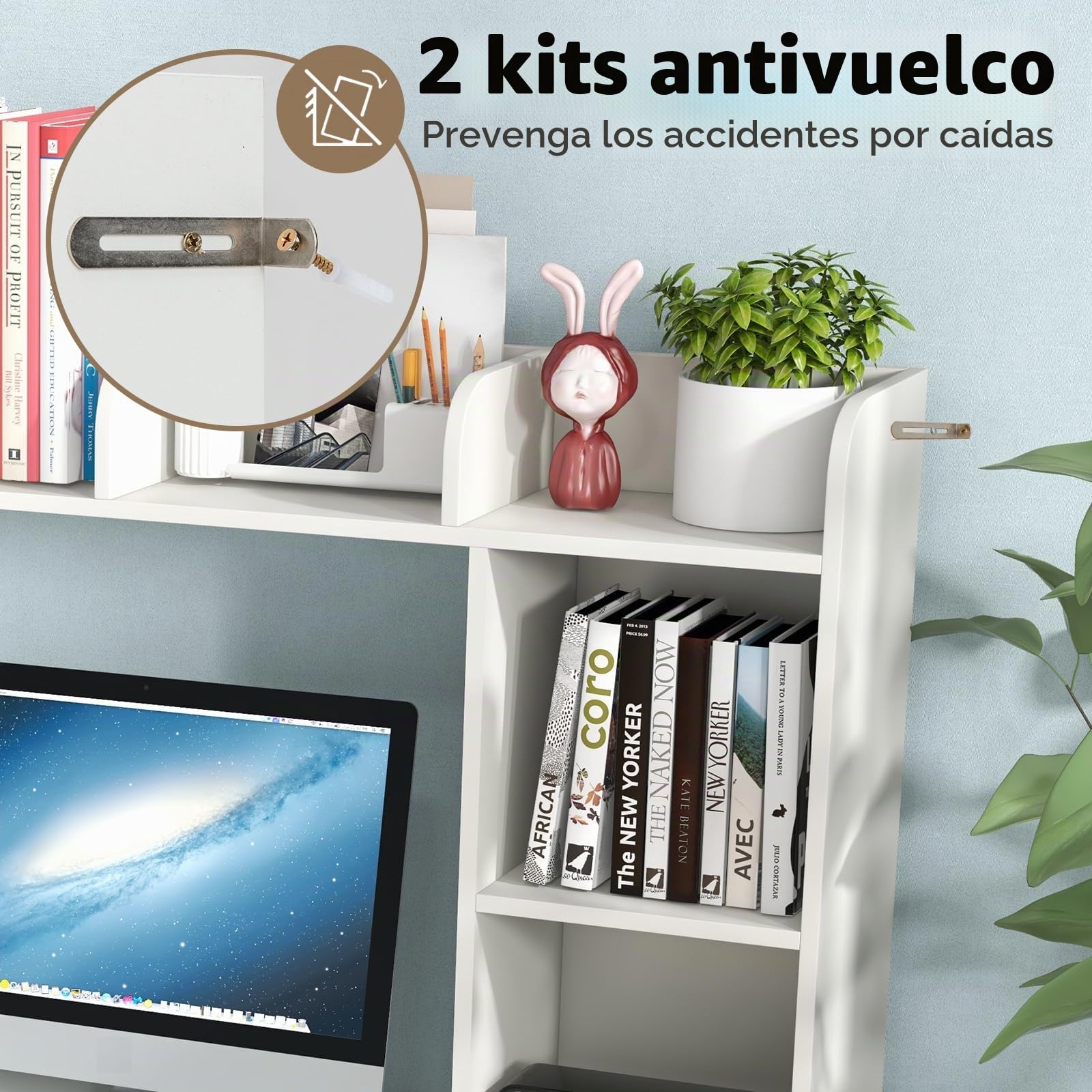 HOMASIS Librería de Escritorio, Estantería de Escritorio con 4 estantes y Compartimento Abierto Trasero, Organizador de Escritorio Multiusos con Dispositivo antivuelco, 94 x 25 x 74 cm (Blanco)