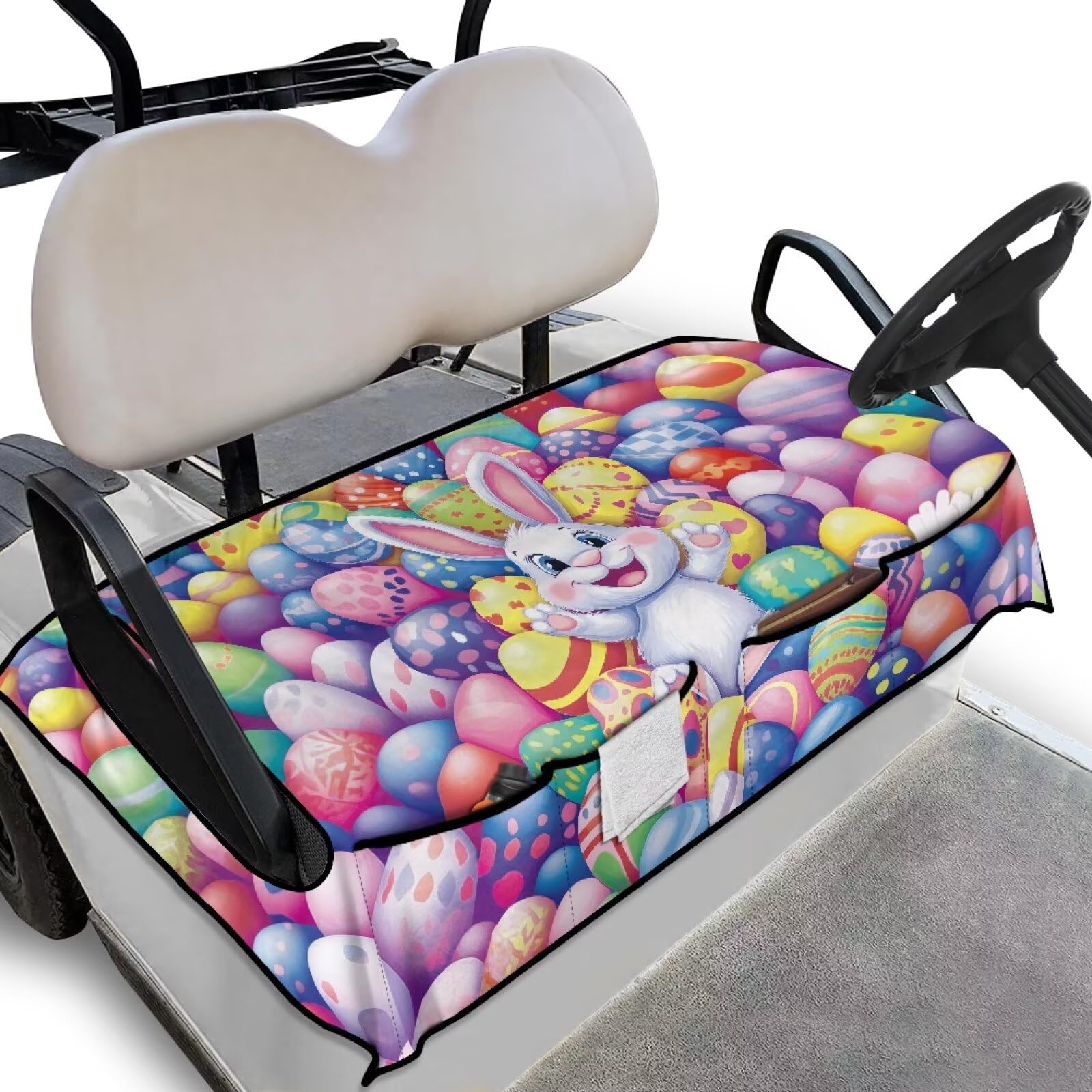 Biyejit Easter Rabbit Golf Buggy Seat Cover with Storage Bags Heavy Duty Golf Cart Seat Blanket Golf Cart Accessories for Club Car Travel Sports Shown Stay Cool