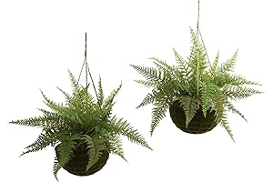 Nearly Natural Leather Fern with Mossy Hanging Basket (Set of 2)