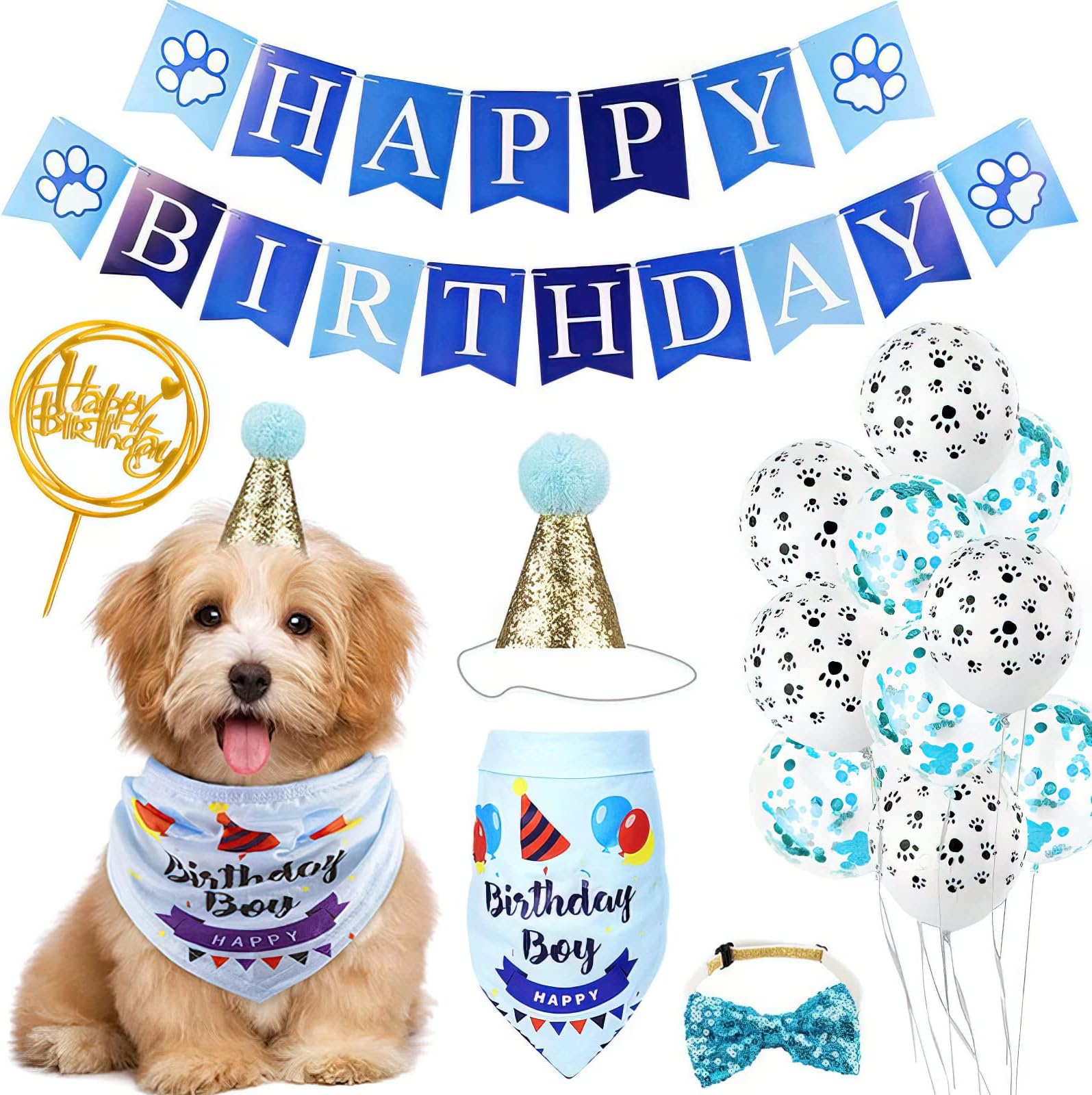 MRIMAYA Cat Dog Birthday Bandana Scarf and Dog Cat Boy Birthday Party Hat with Cute Dog Bow Tie Balloons for Small Medium Dog Pet, Doggie Supplies Decorations