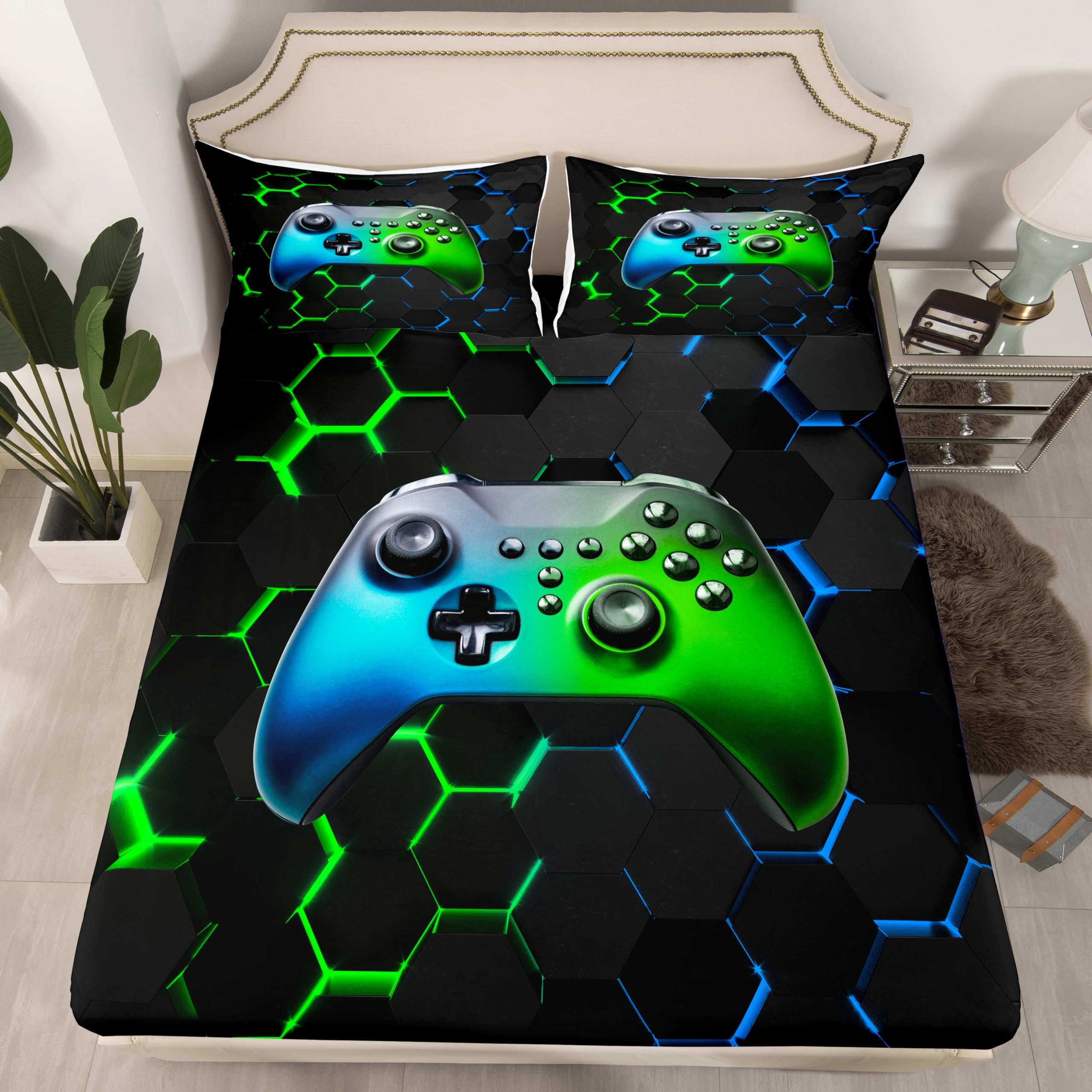 Homewish Boys Gaming Fitted Sheet Twin Size 2pcs, Video Games Theme Gamepad and Green Hexagon Print Bedding Set for Kids Girls Teens Game Room Decor, Soft Decorative Fabric All-Round Elastic Pocket