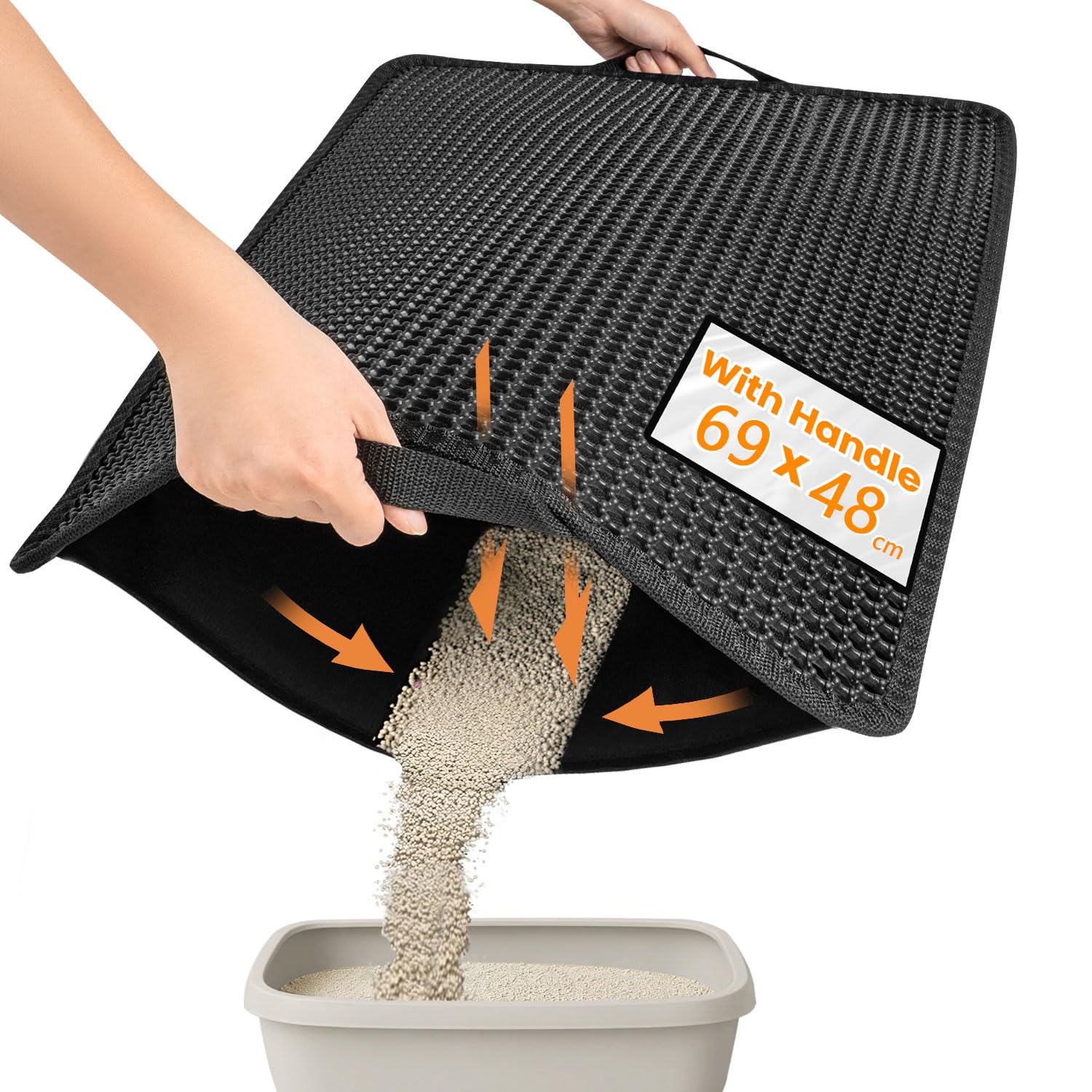 Conlun Alfombrilla para Arenero, 69x48 cm Upgrade con Capa Trasera Super Impermeable, Alfombrilla de Caja de Arena, Antideslizante, Duradera, Suave para las Patas, Alfombrilla de Atrapamiento Negra