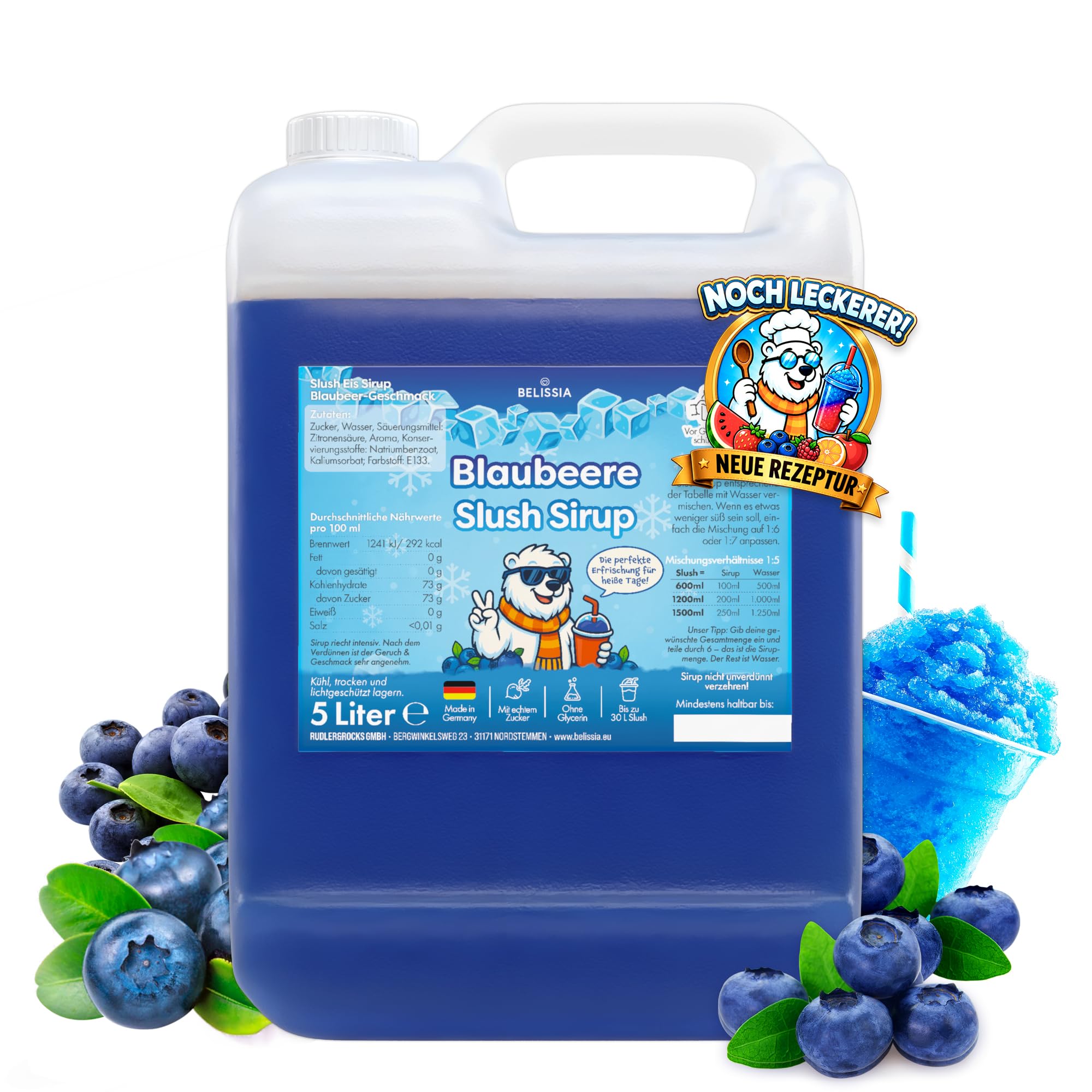 Belissia Slush Eis Sirup 5L Konzentrat | Blaubeer Geschmack | sehr ergiebig in knalligen Farben (1:5) für bis zu 30L | Glycerin frei – für Slush-Eis - Maschinen & Wassereis