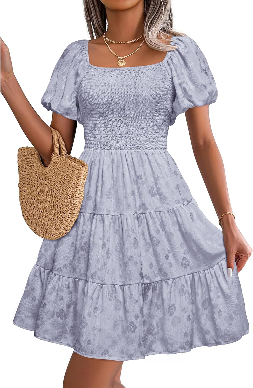 dowerme Womens Summer Dresses 2025 Puff Short Sleeve Square Neck Smocked Floral Wedding Guest Mini Dress with Pockets Grey Blue X-Large