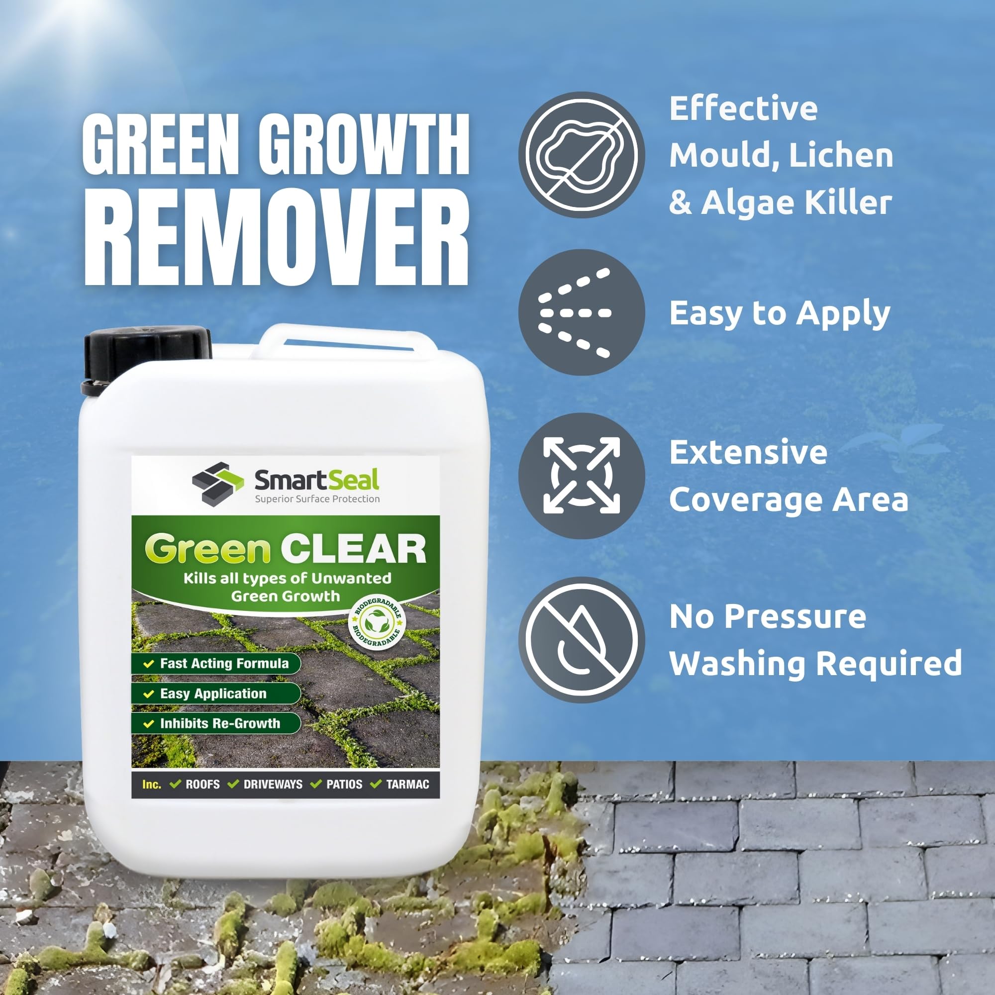 SmartSeal Green Clear - 25L - Spray and Leave Patio Cleaner & Roof Cleaner - Patio Mould Remover & Green Algae Remover for Roofs, Tarmac, Render, Decking, Brickwork & Concrete - Covers up to 625m²