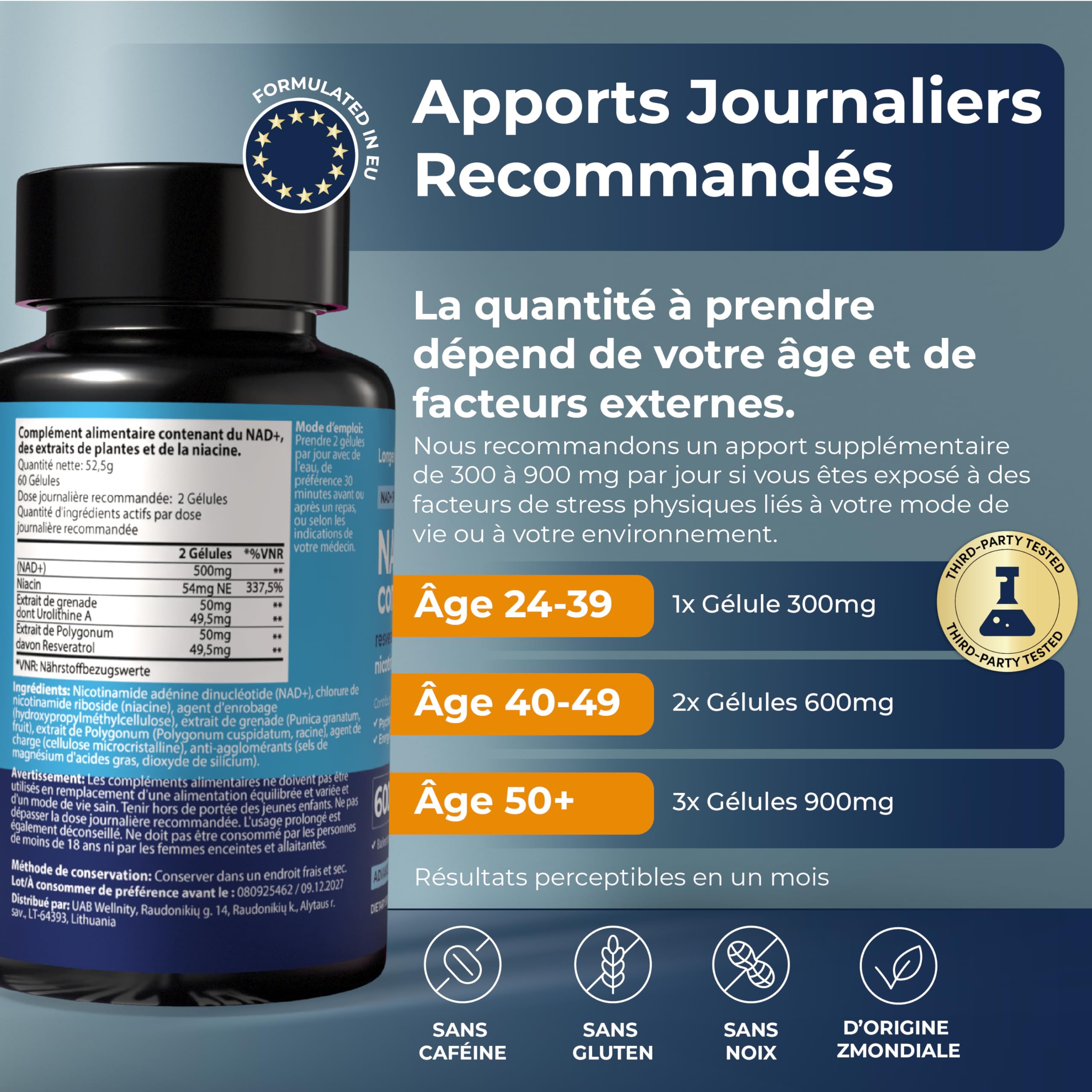NAD+ 600 mg, Anti-âge, Réduit la Fatigue et Améliore le Métabolisme, Resvératrol, Urolithine A, Niacine, 60 Capsules, 1 Mois D'approvisionnement