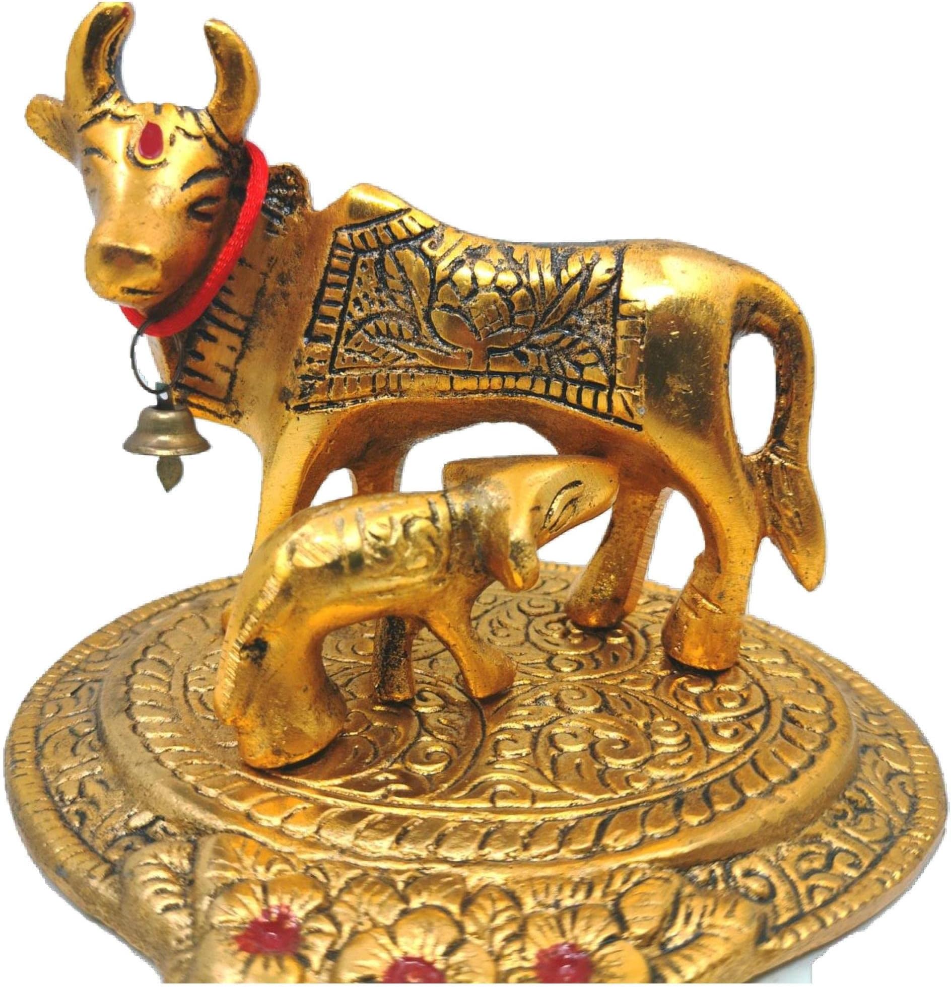 URBAN HAAT Prosper Kamdhenu Oxidised Gold Finished The Wish granting Cow and Calf Figurine Decorative Gift Item (Colour Gold) 12@11 cm
