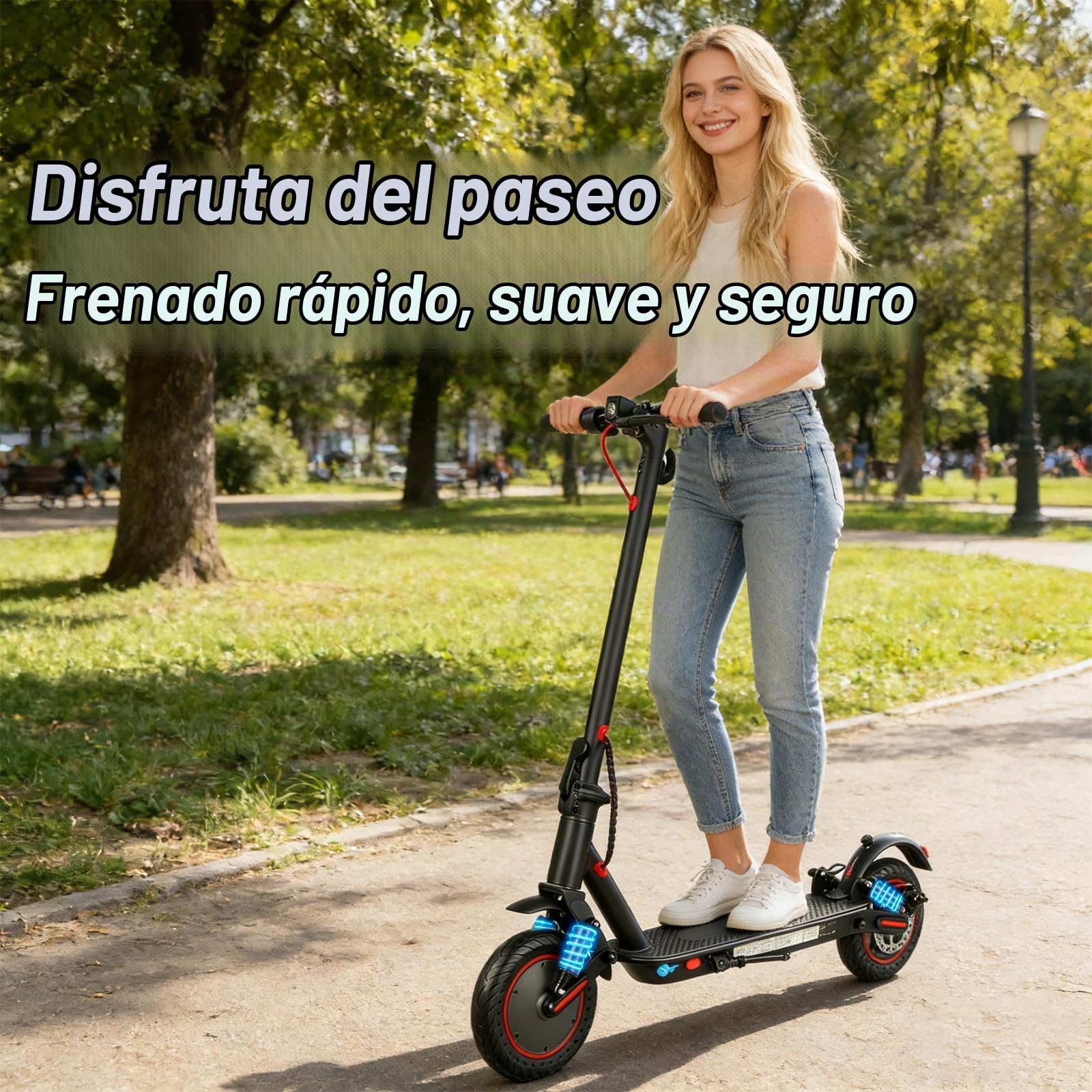Patinete Eléctrico Adultos 350W, Velocidad Máx 25 km/h, Autonomía 25-30 km, Ruedas Antipinchazos de 10", Doble Suspensión, Freno Electrónico + Freno de Disco, Plegable, Carga Máx 120 kg, IPX5