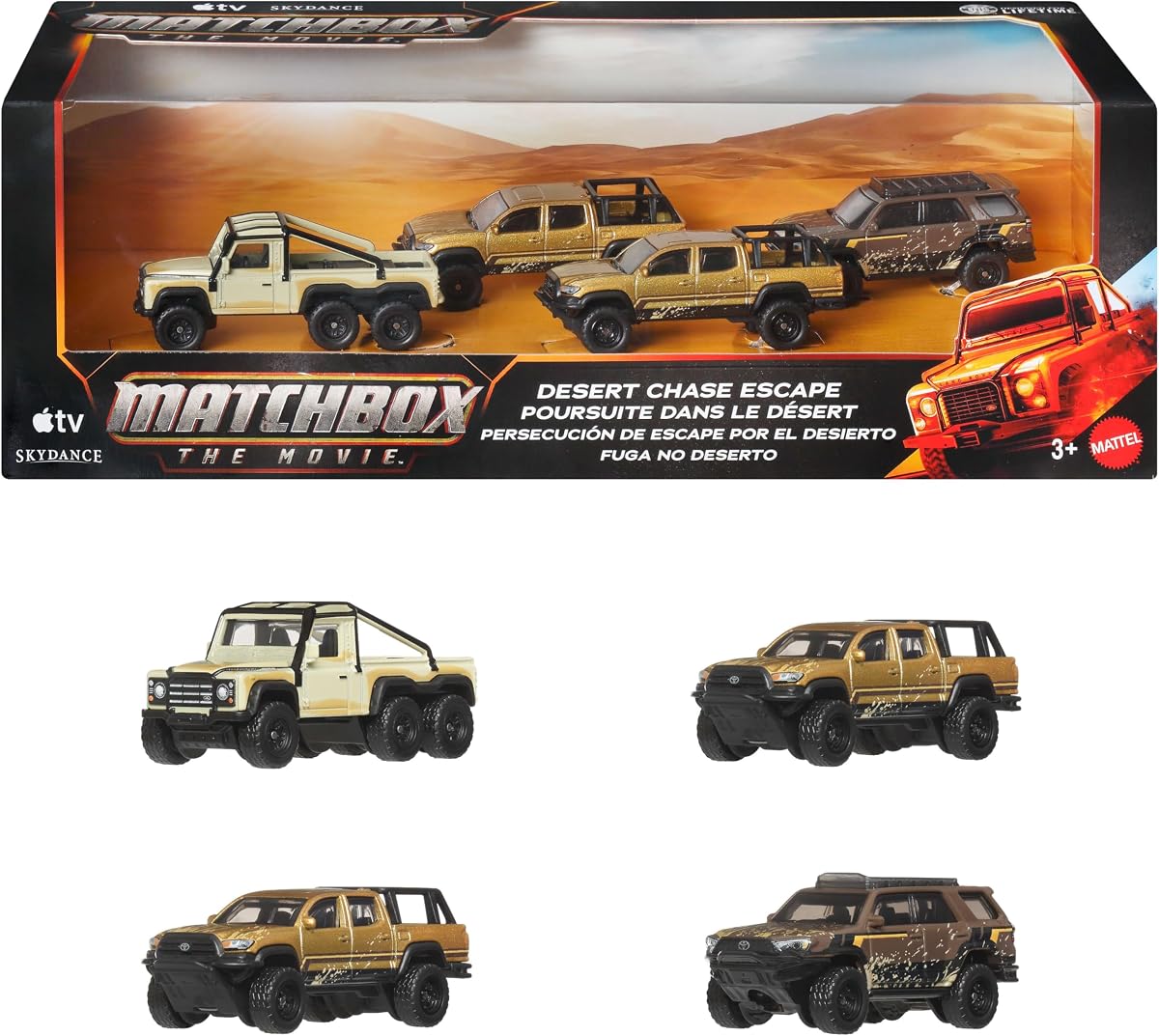 Matchbox Toy Cars, Desert Chase Escape, paquete de 4 SUV fundidos a escala 1:64 de la película, incluye Toyota 4Runner con decoración exclusiva, juego coleccionable