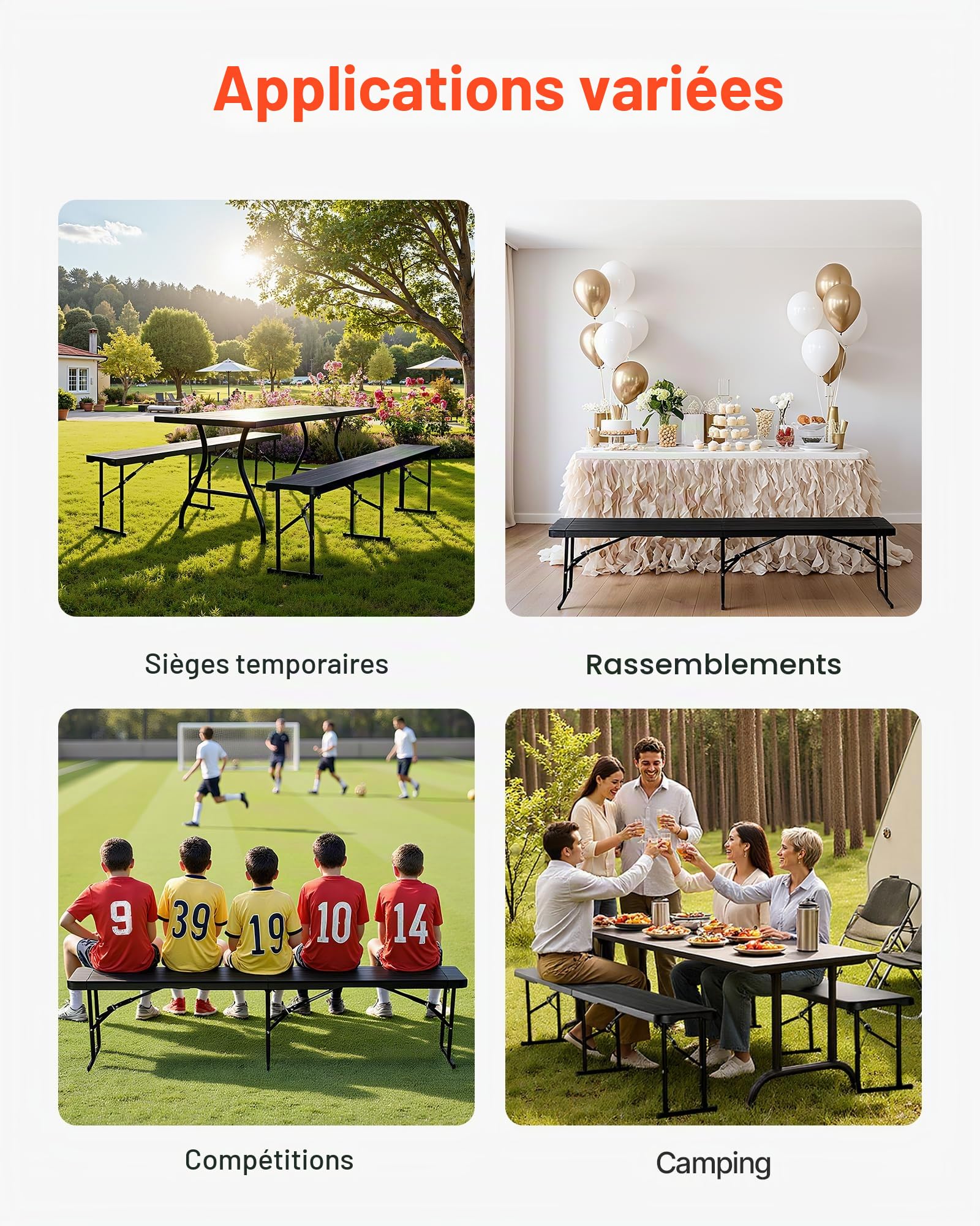 VEVOR Banc Pliant Portable en Plastique, 1825 mm, Banc de Camping, Lisse en PEHD imperméable, siège Pliable avec 2 Sacs de Transport, pour Pique-Nique, Football, Camping, Jardin, Noir (2 pièces)
