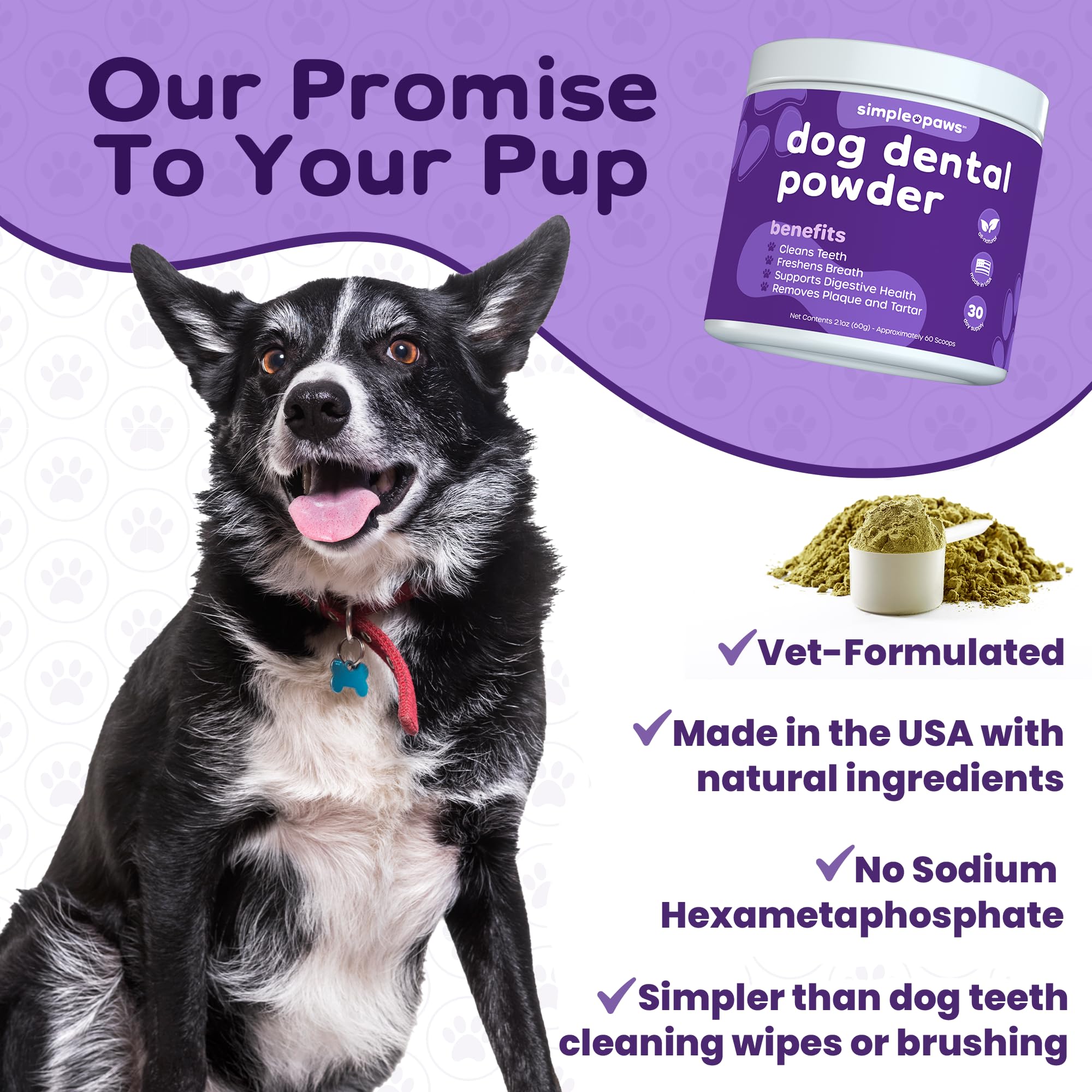 Polvere dentale per cani per la pulizia dei denti - Polvere dentale per | Prevenire l'alito cattivo del cane con probiotici per alito fresco e salute orale - Al gusto di pollo