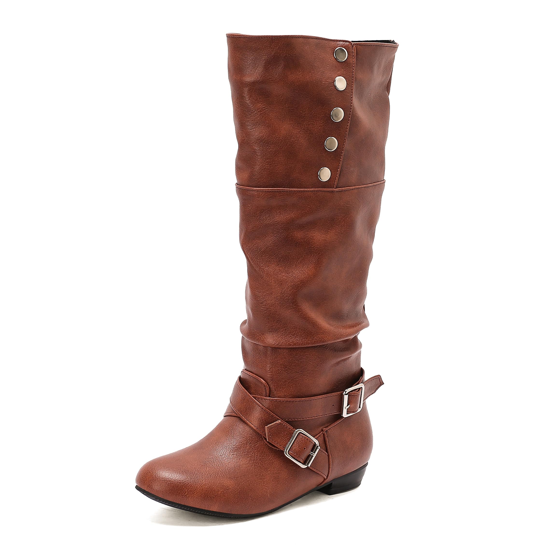 SoundSky Womens Knee High Combat Boots Slouchy Buckles Casual Boots