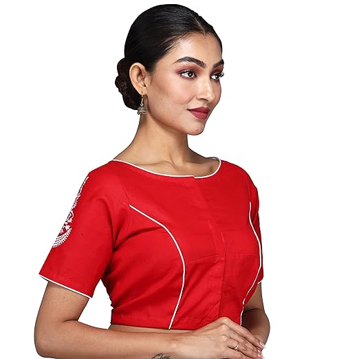 BHROMOR Womenes red Color Cotton Boat Neck Embroidered Design Front Hook and Eye Clouse Elbow Length Sleeves Festive and Party Saree Blouse