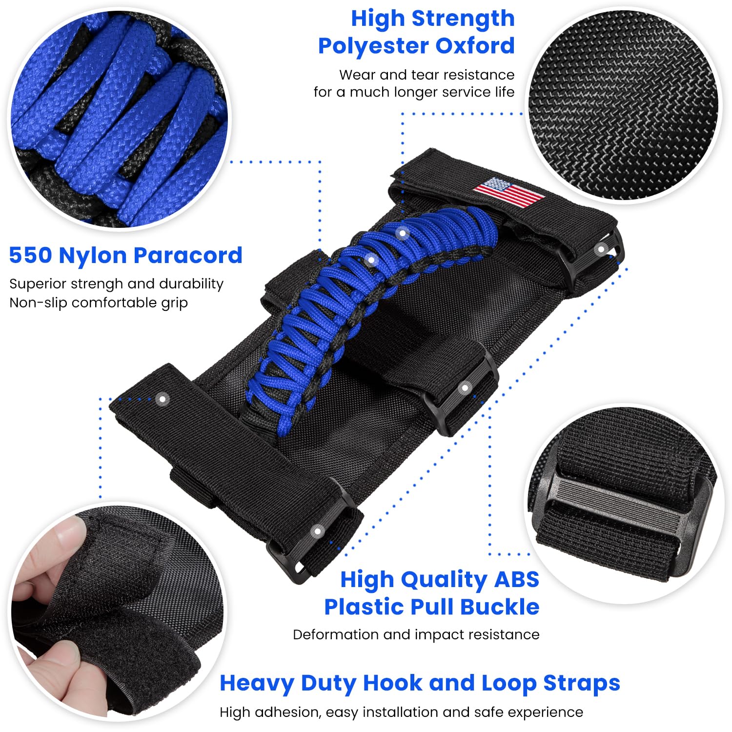 4 maniglie per roll-bar per Jeep Wrangler YJ TJ JK JKU JL JLU Sport Sahara Freedom Rubicon Unlimited X Gladiator JT 1955 – 2024 UTV ATV Premium Paracord accessori interni bandiera americana (blu)