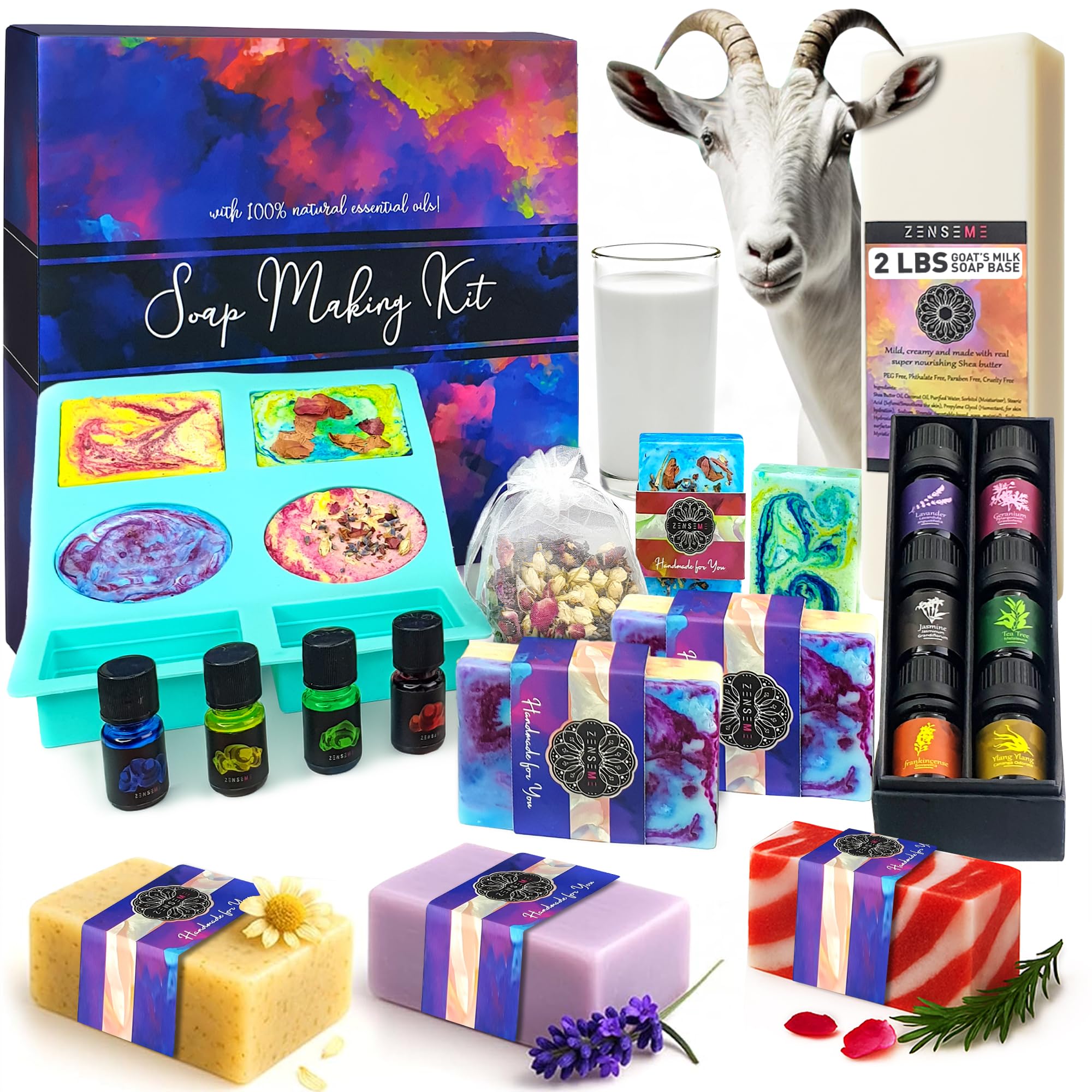 Soap Making Kit for Adults, Make Your Own Soap with Melt & Pour diy Natural Soap supplies; 6 Essential Oils, Silicone Soap Mold, Spoon, Dried Flowers, 1.5lbs. Goats Milk Soap Base, 4 Colors, 9 Labels