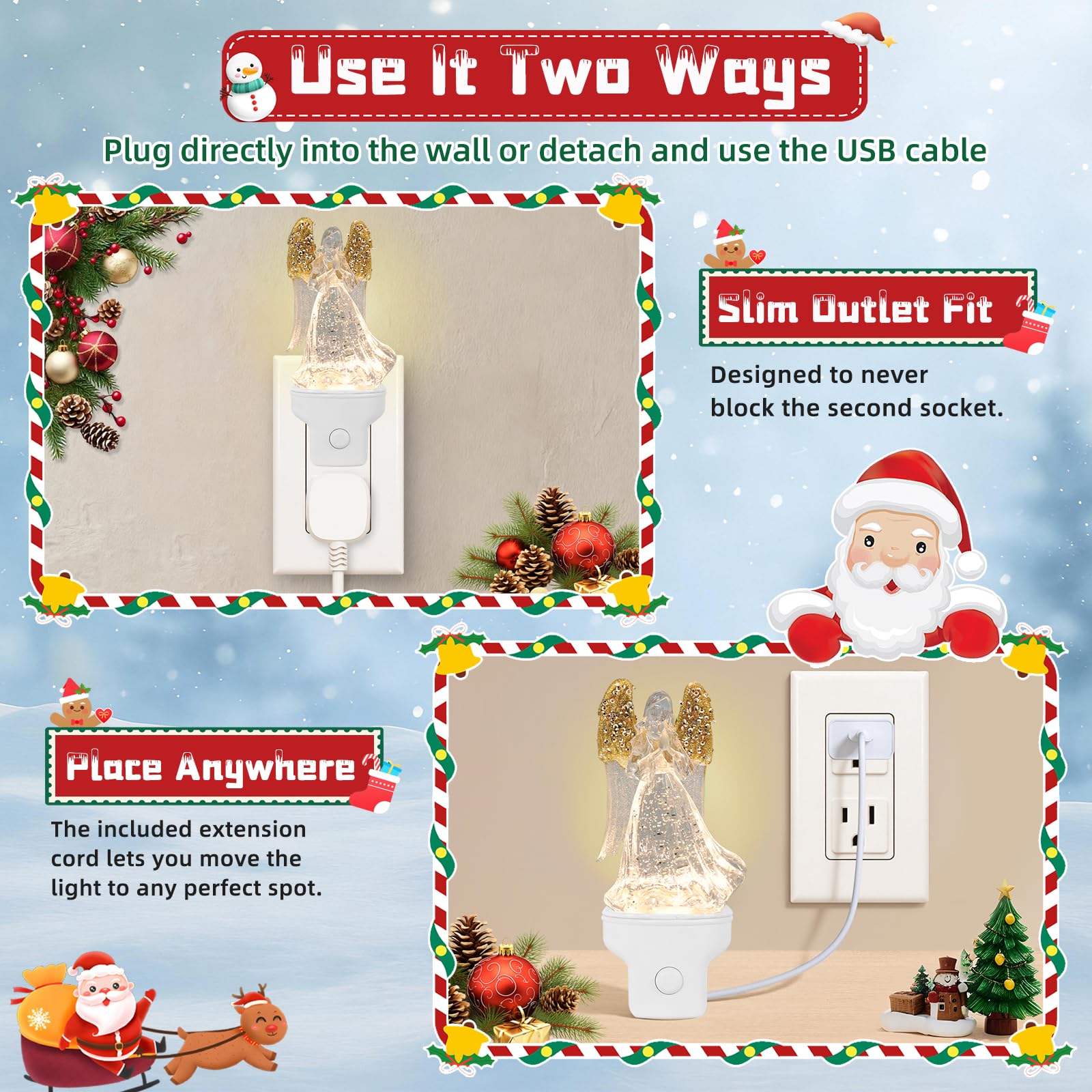 Yuxelulmai Christmas Angel Night Light Plug into Wall Swirling Glitter USB Portable Christmas Decorative Night Light Decoration for — view 4