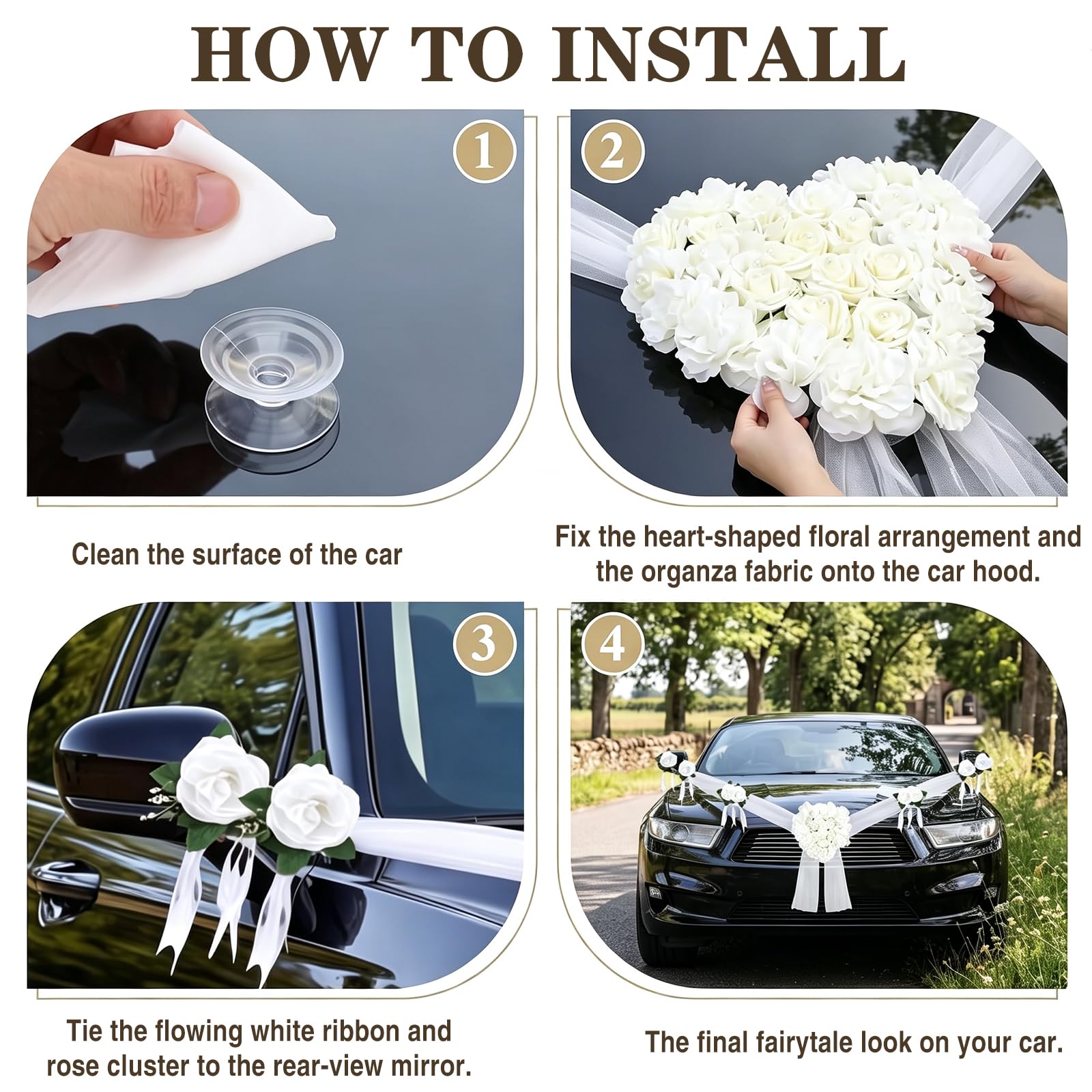 Set di decorazioni per auto per matrimonio, cofano di nozze, fiori artificiali bianchi, set di decorazioni per auto con 1 ghirlanda di cuori, 8 fiori, 2 tulle da 1,8 m, ecc., decorazione per auto per