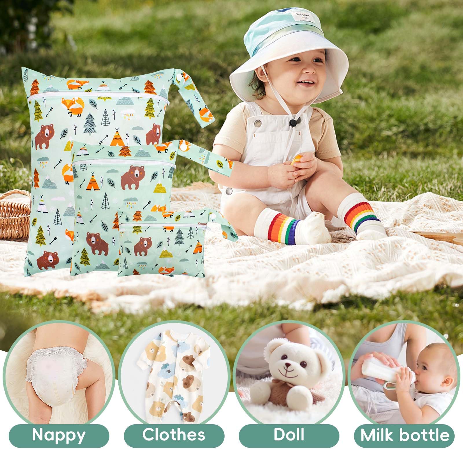 Wetbag Pannolini Riutilizzabili 3 Pezzi Borsa Stoffa Lavabile con Cerniera Verde