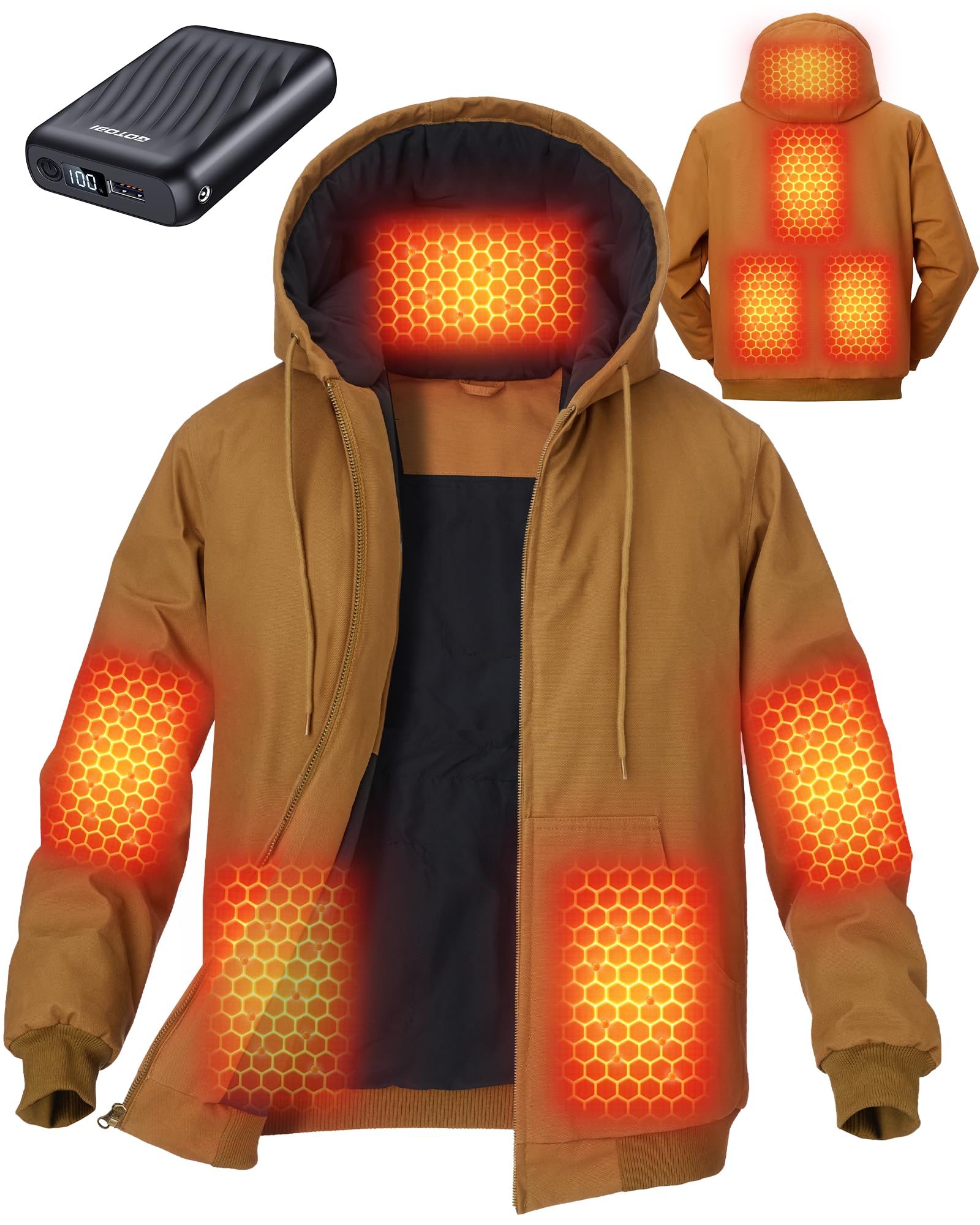 GOTOBI Graphene Heated Jackets for Men with 12V 18400mAh Battery Pack, Uniform Warm Canvas Hooded Coat for Winter Outdoor