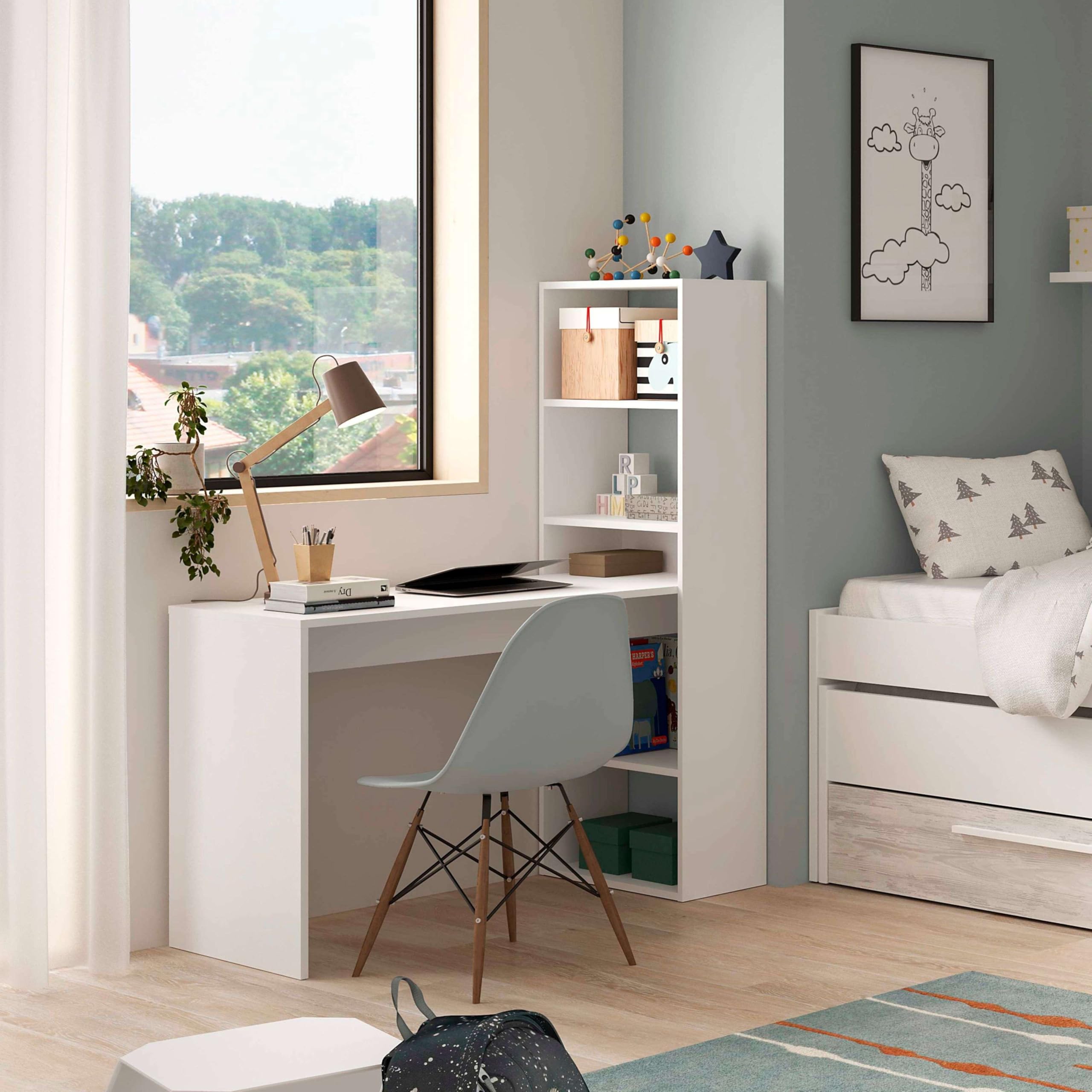 Habitdesign Mesa de Ordenador, Escritorio con Estanteria Reversible, Blanco Artik, Modelo Duplo, Medidas: 120 cm (Ancho) x 53 cm (Fondo) x 144 cm (Alto)