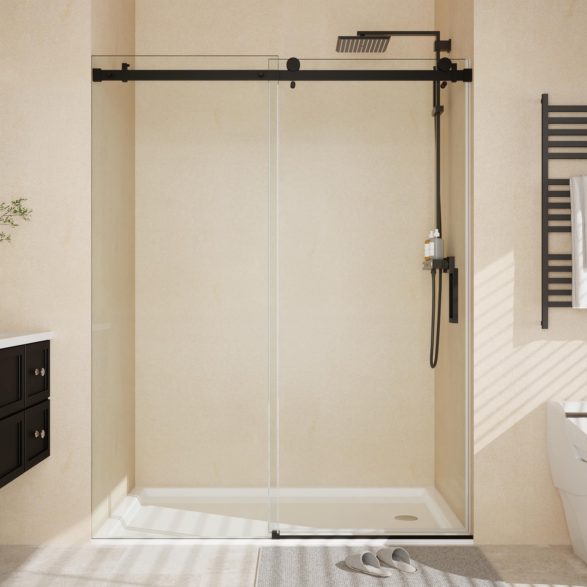 44-48" W x 76" H Frameless Sliding Shower Door, 1/4" (6mm) SGCC Tempered Glass with Easy-Clean Coating &amp; Explosion-Proof Film, Matte Black Round Rail, Single Sliding Bypass Bathroom Door