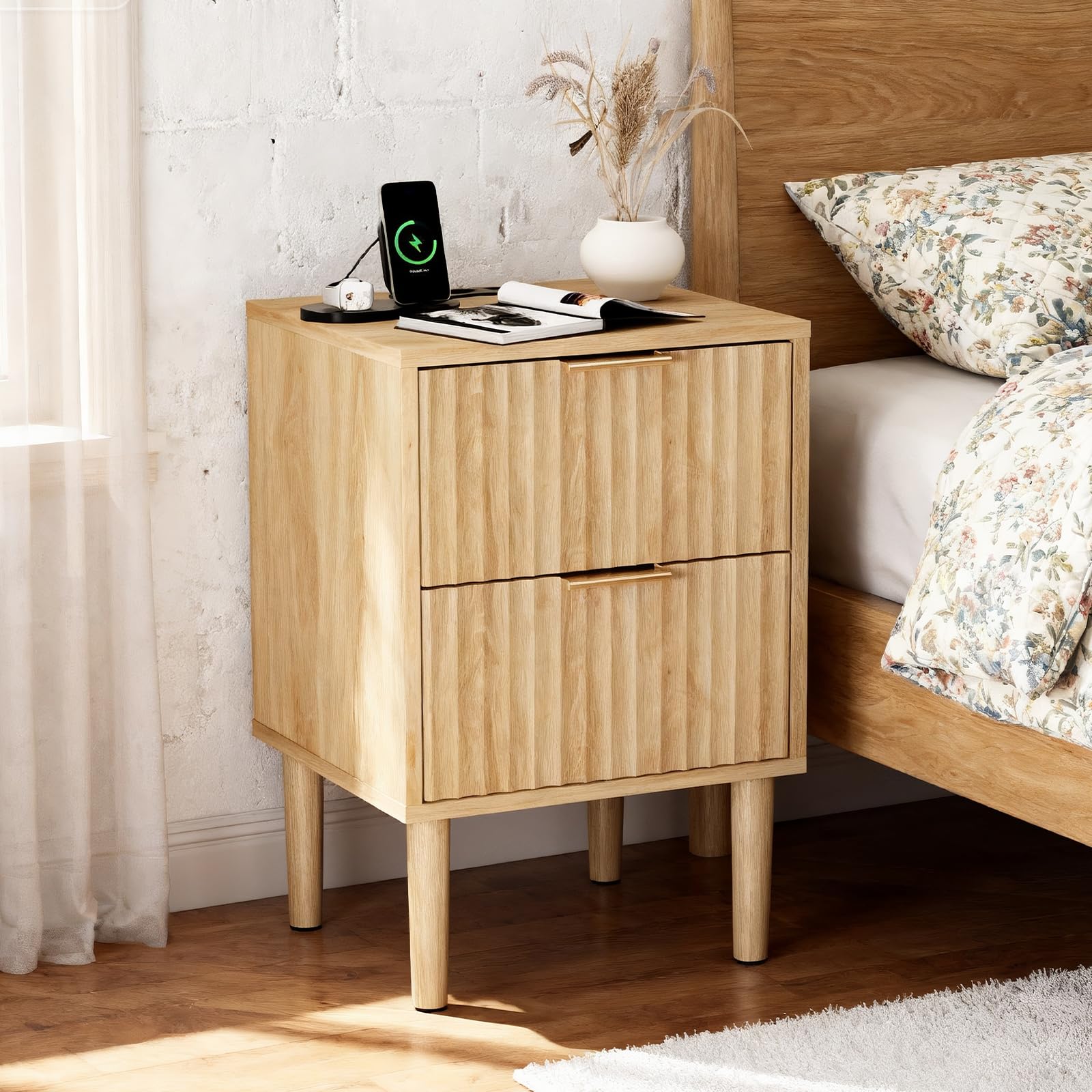 LEADZM Nachttisch 2er Set mit Ladestation, Nachttische 2 Schublade, Beistelltisch für Schlafzimmer, Europäischer Stecker, 40 x 39,5 x 60 cm