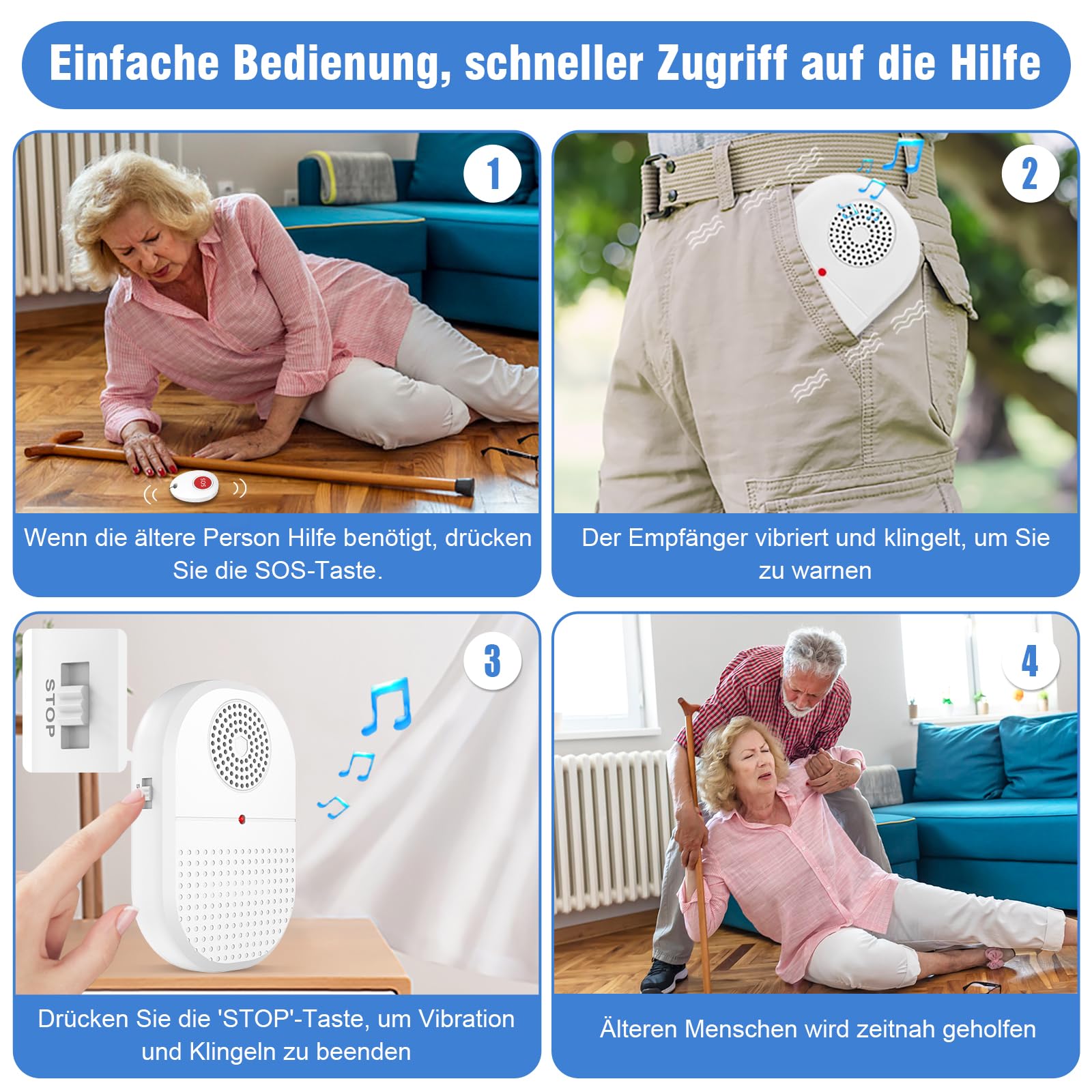 Daytee Noodoproepknop voor senioren, draadloos mobiel alarm, noodknop