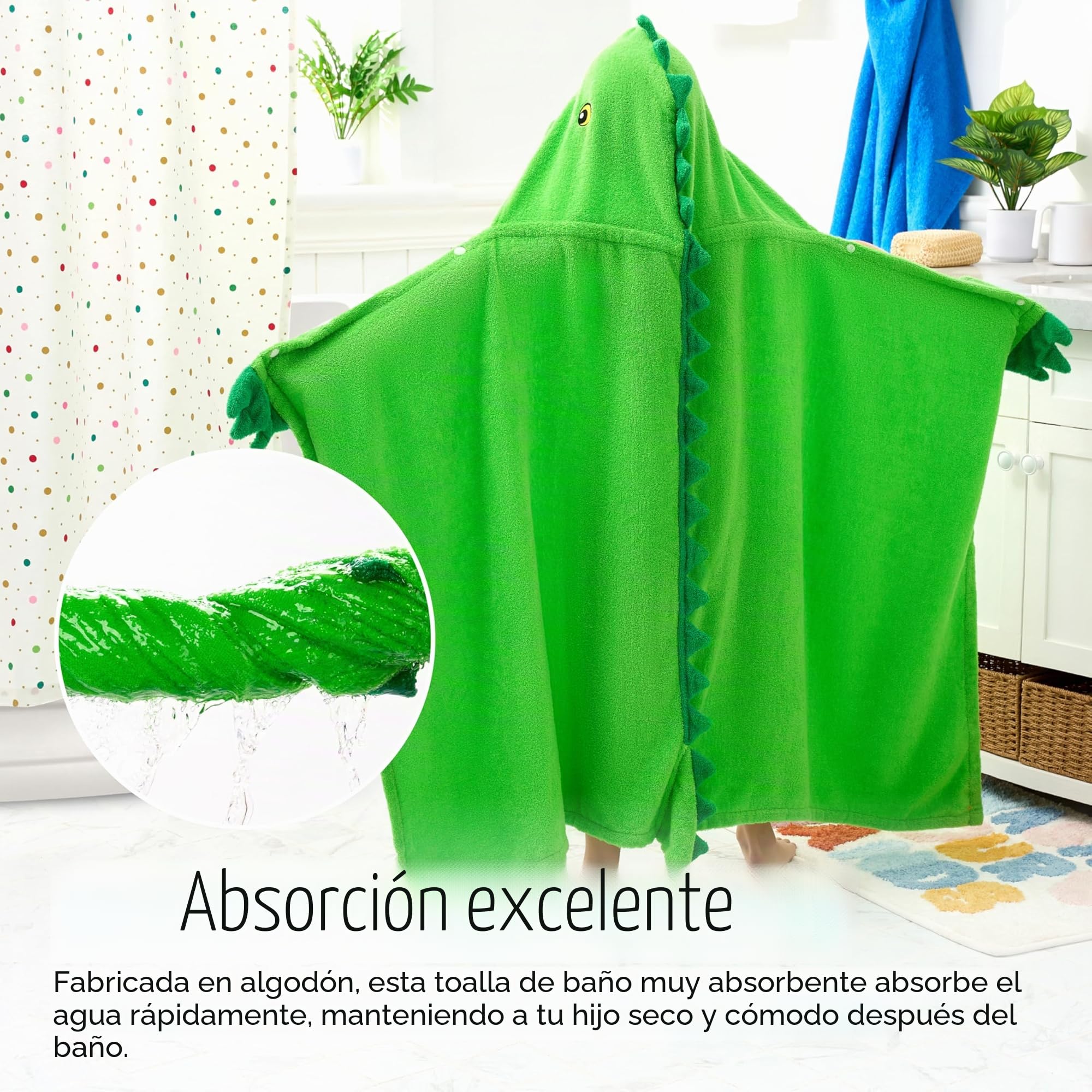 Joiedomi Dinosaurio 127 x 77 cm Toalla con Capucha para Niños - Toalla de Baño de Algodón Suave - Para Niños de 3 a 10 Años - Toalla de Piscina con Capucha - Toalla Poncho Absorbente