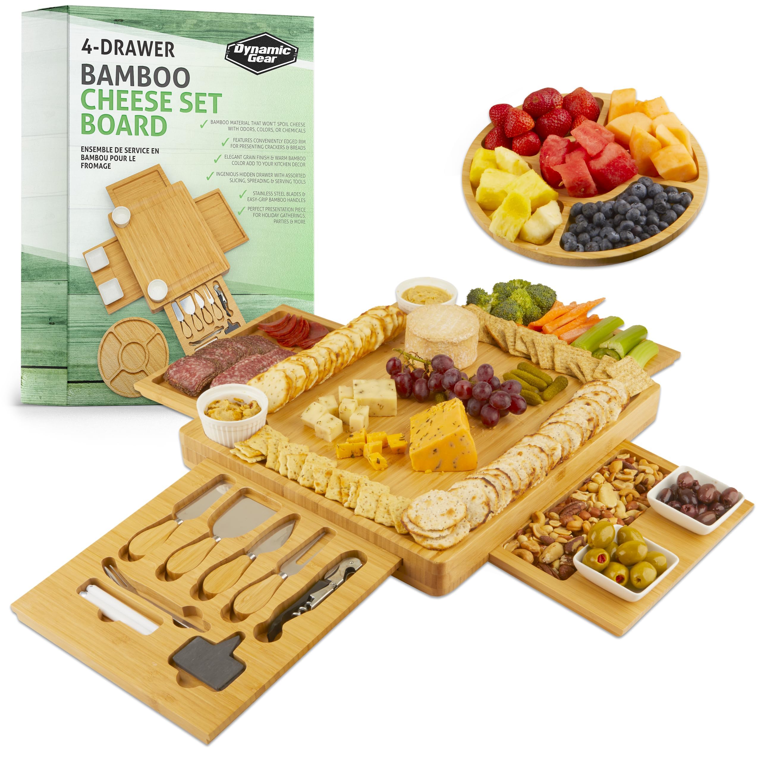 Dynamic Gear Charcuterie Board with Pull Out Drawers - Expandable Bamboo Cheese Board Set with Utensils, Bowls, Serving Trays, Utensil Drawer, and Appetizer Tray - Chic Charcuterie Boards with Drawers