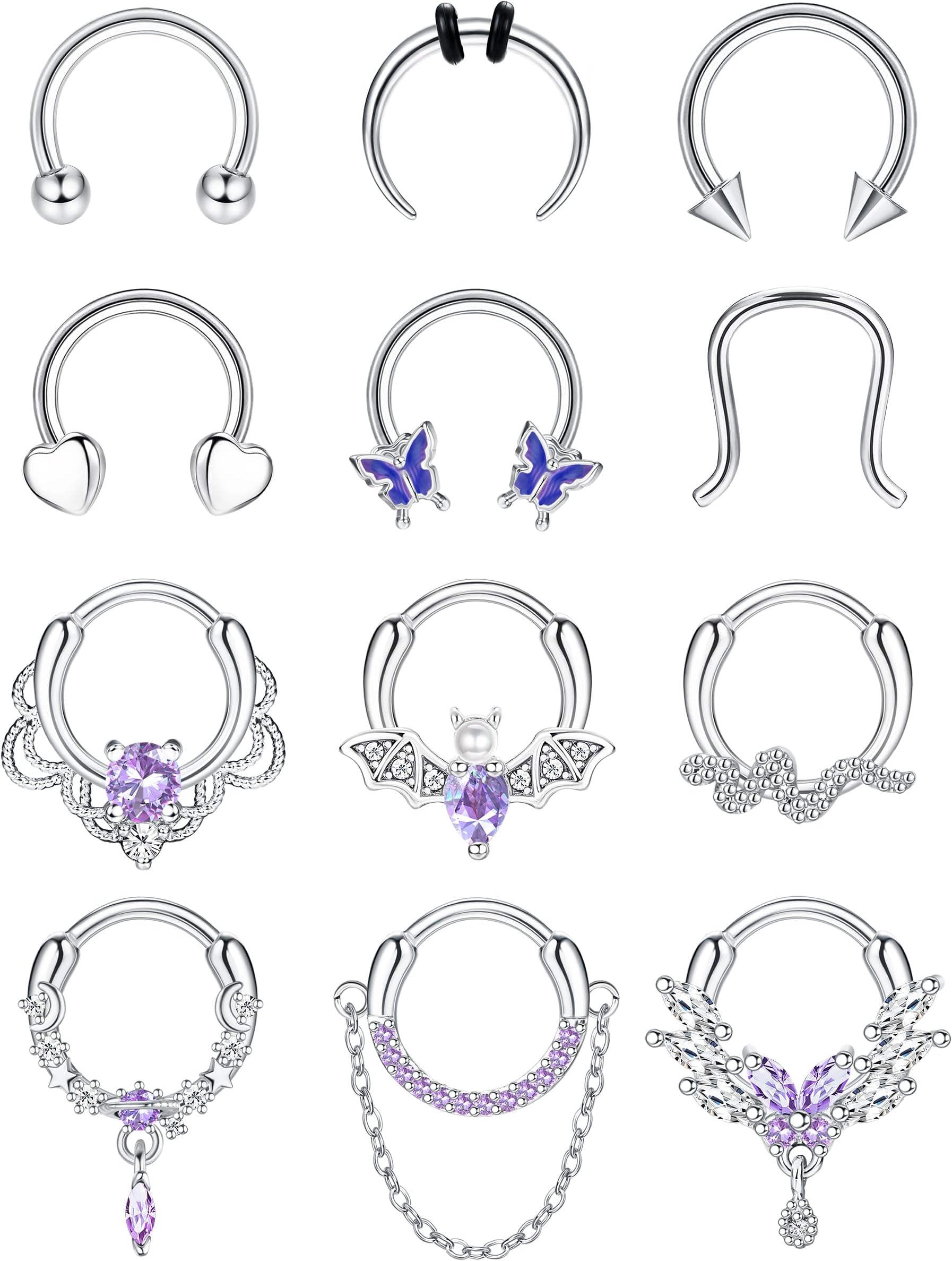 Florideco 𝟏𝟔𝐆 𝐒𝐞𝐩𝐭𝐮𝐦 𝐑𝐢𝐧𝐠𝐬 Surgical Steel Small Septum Jewelry Septum Piercing Jewelry Cute Snake Butterfly Silver Septum Rings Hoop Nose Rings Daith Earrings 10MM