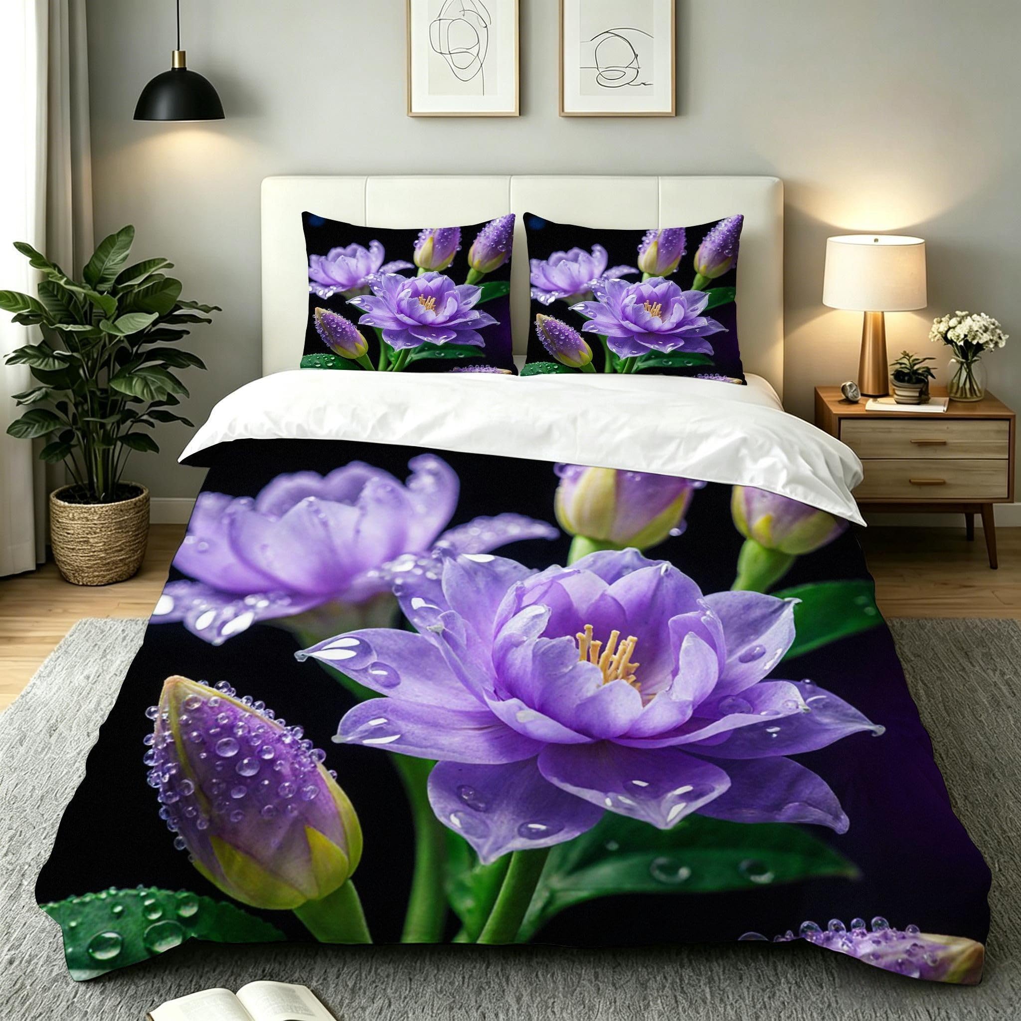 Housse de couette 240x260 en microfibre premium motif floral violet AW9048