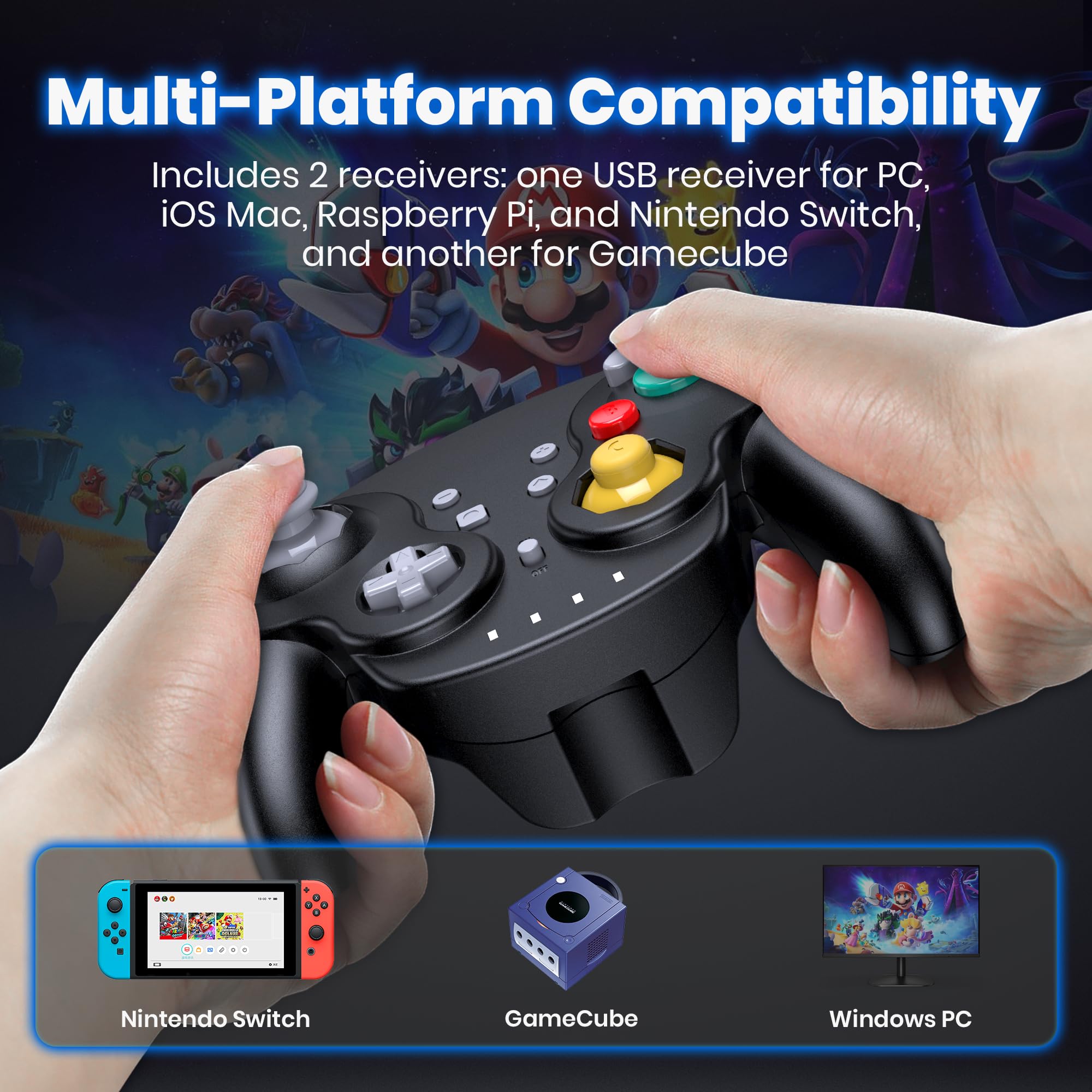 miadore Controller GameCube wireless per Switch 1 2/Switch Online/OLED/Lite, ricevitore USB e NGC da 2,4 GHz, Plug & Play, compatibile con console GameCube, PC Windows/Mac OS/Raspberry Pi/Steam (nero)