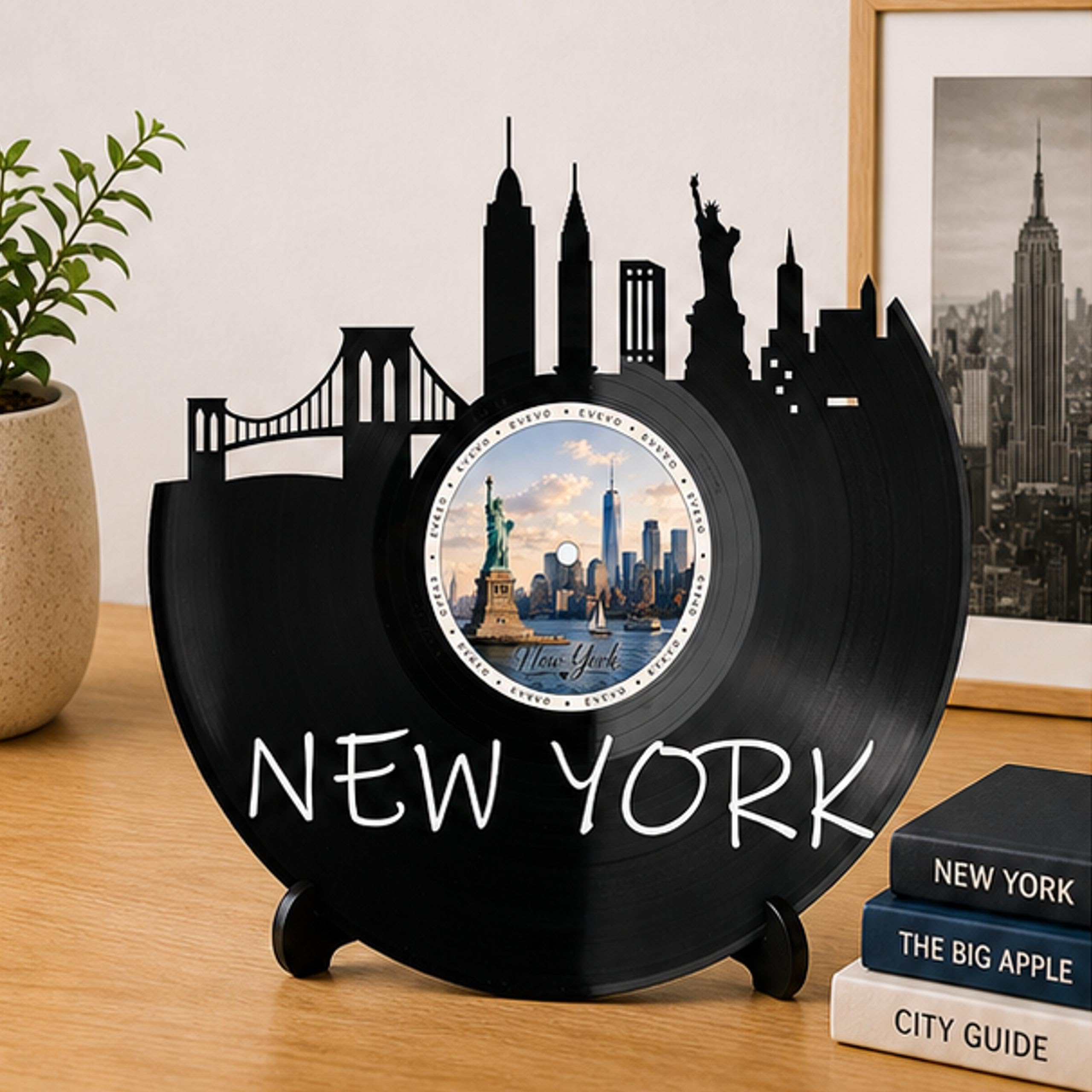 EVEVO D0031 - Decorazione da parete a forma di disco di New York, in vinile, motivo: skyline degli Stati Uniti, idea regalo per gli amanti di New York