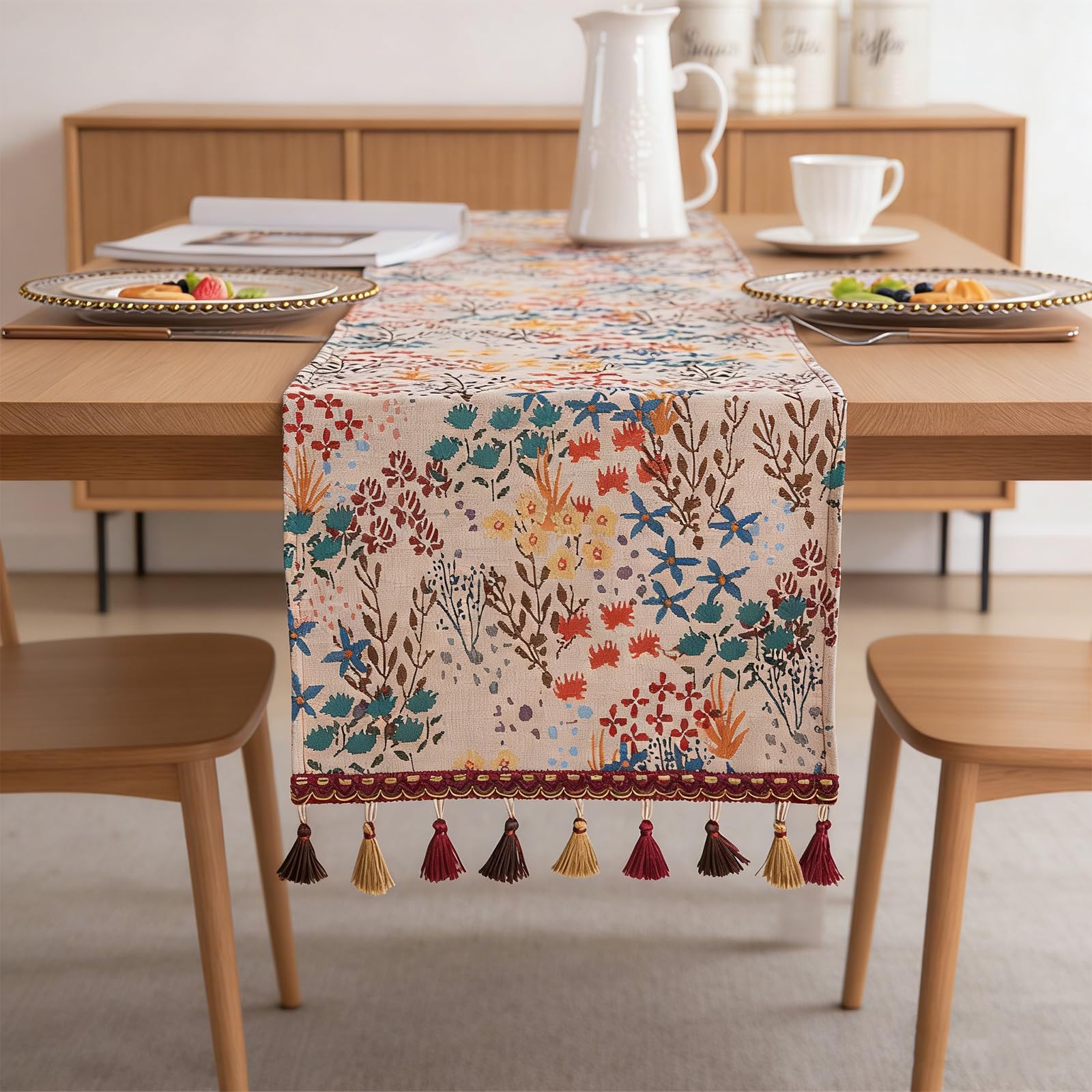 Bohemian Floral Table Runner with Tassels 30*120cm Cotton Woven Decorative Table Cloth for Kitchen Dining Table, Farmhouse Home Decor