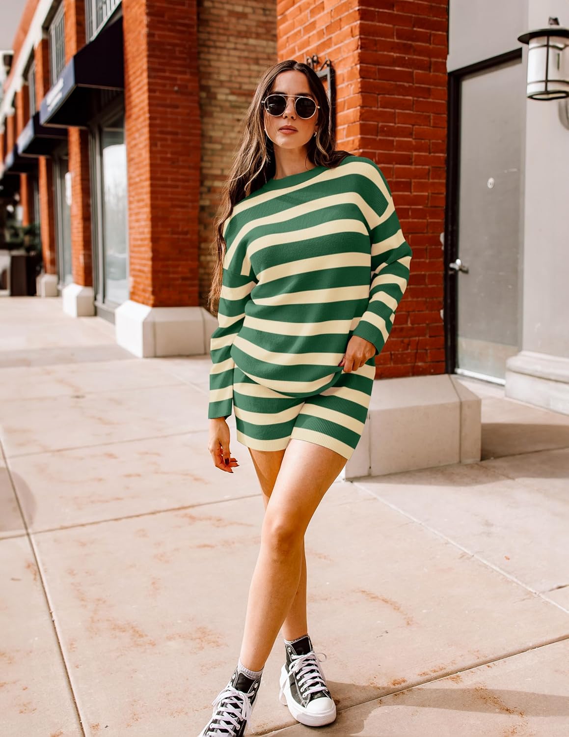 ZESICA Striped Lounge Sets for Women Fall 2026 2 Piece Oversized Outfits Long Sleeve Tops and Shorts Sweater Pajama Set - Image 4