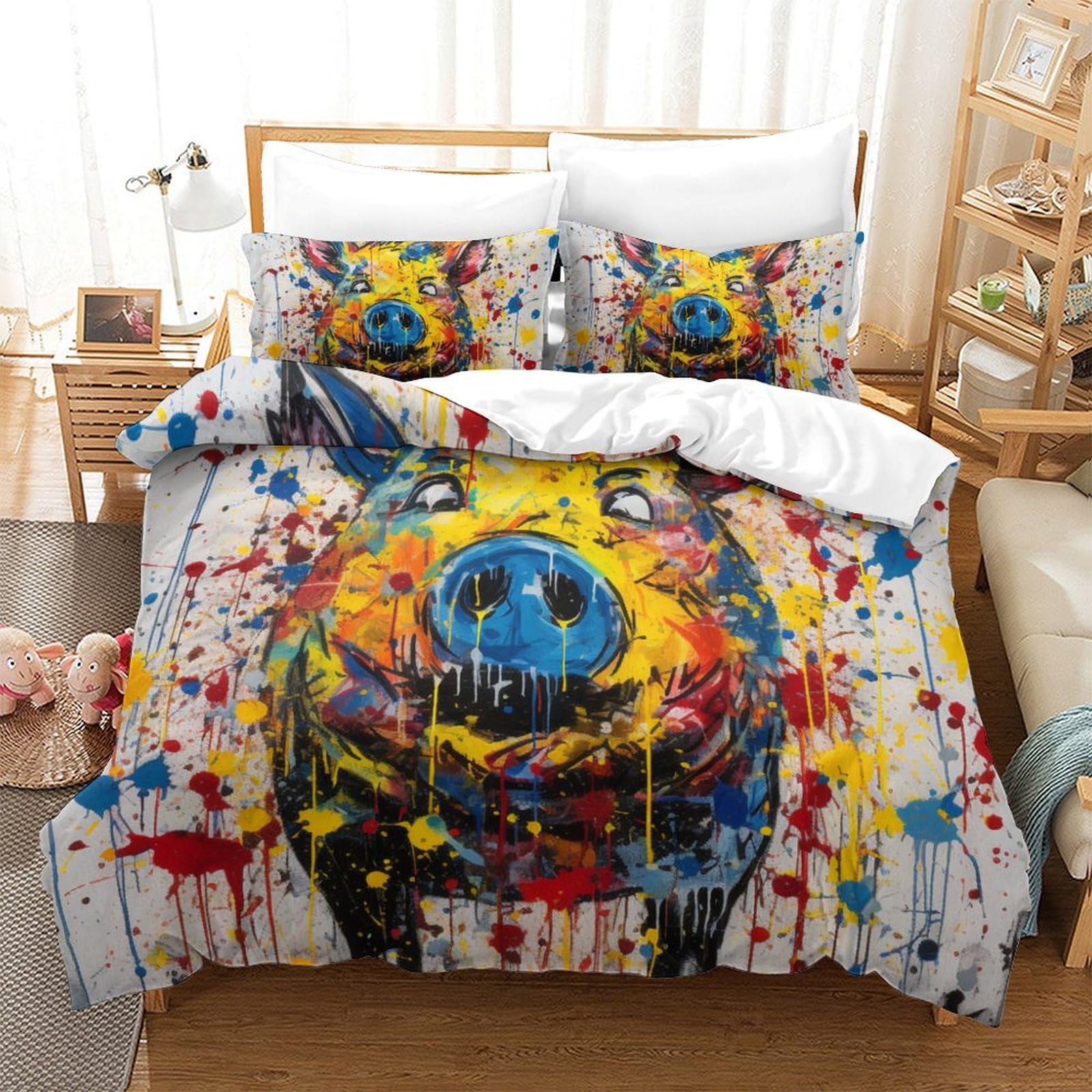 Housse de couette porc 3D 260x220 cm en microfibre respirante avec taies