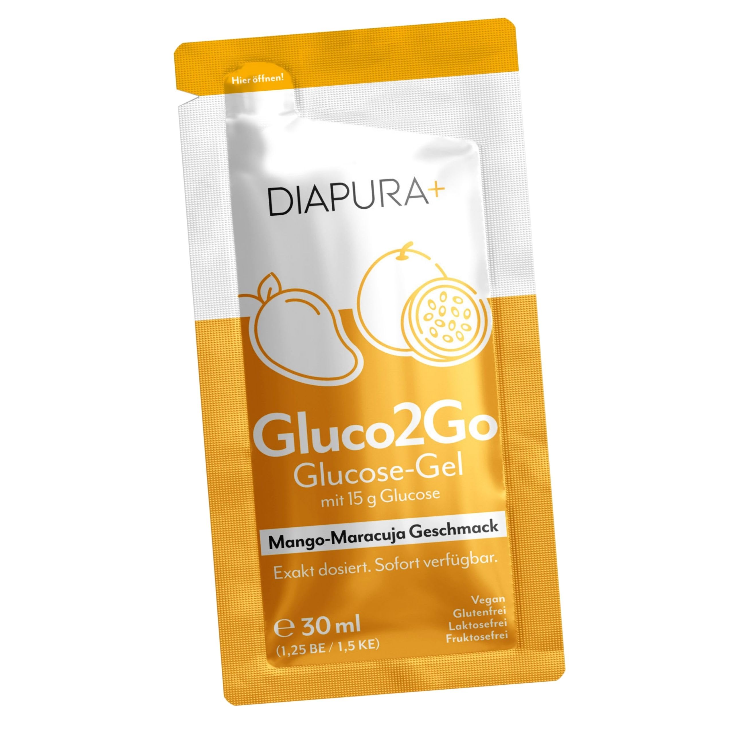 Gluco2Go Gel di glucosio, 15 g di glucosio per porzione, 12 x 30 ml | Glucosio liquido, pronto all'uso, bustine monodose, regola 15-15 per l'ipoglicemia, gusto Mango-Maracuja, Made in Germany