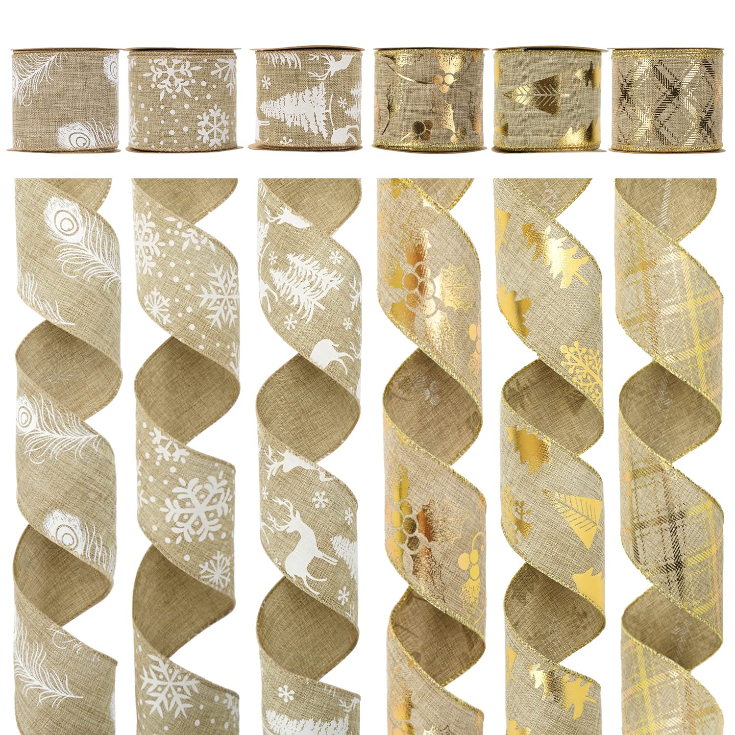 MEEDEE Burlap Christmas Ribbon - Wired, 2.5 Inch, Gold & White, for Wreaths & Crafts