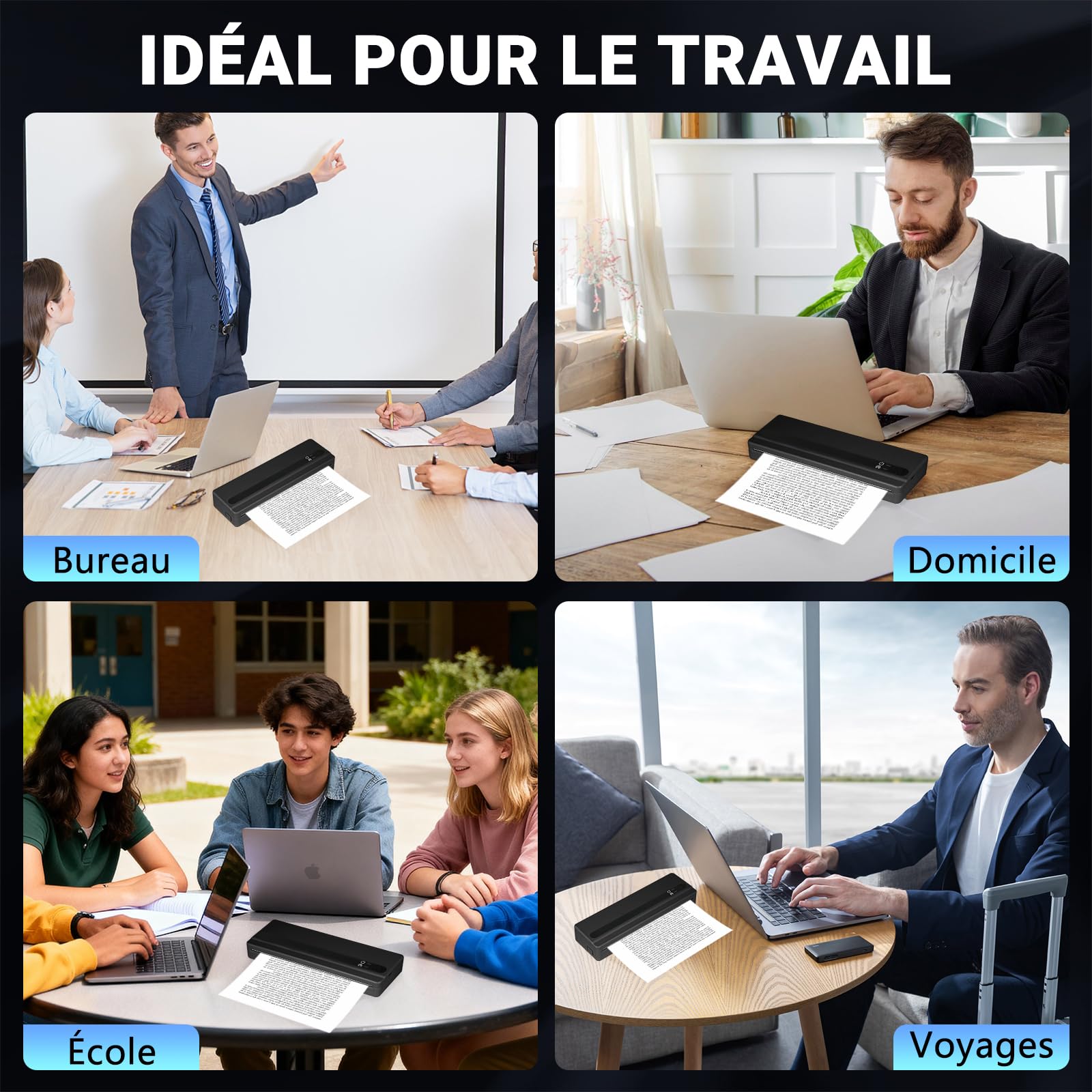 Imprimante Thermique A4 sans Fil Bluetooth Portable pour Voyage Compatible iOS Android Noir
