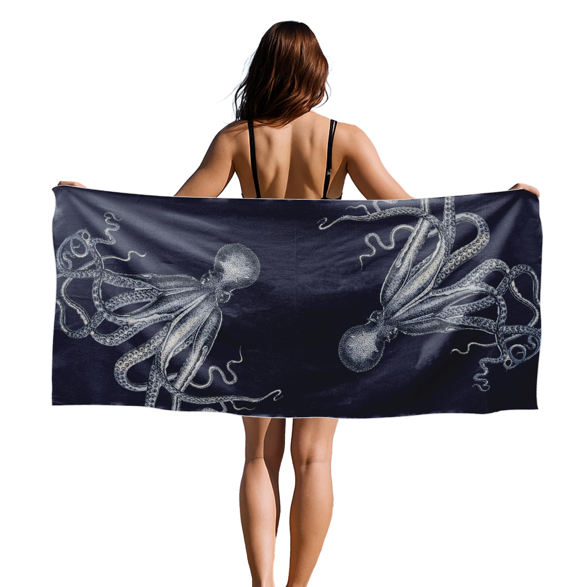 Coastal Octopus Beach Towel, Navy Blue Ocean Beachy Oversized Bath Swim Pool Towels for Bathroom Swimming Pool Travel Camping Picnic, Octopus Bathroom Decor, 30x60 Inches