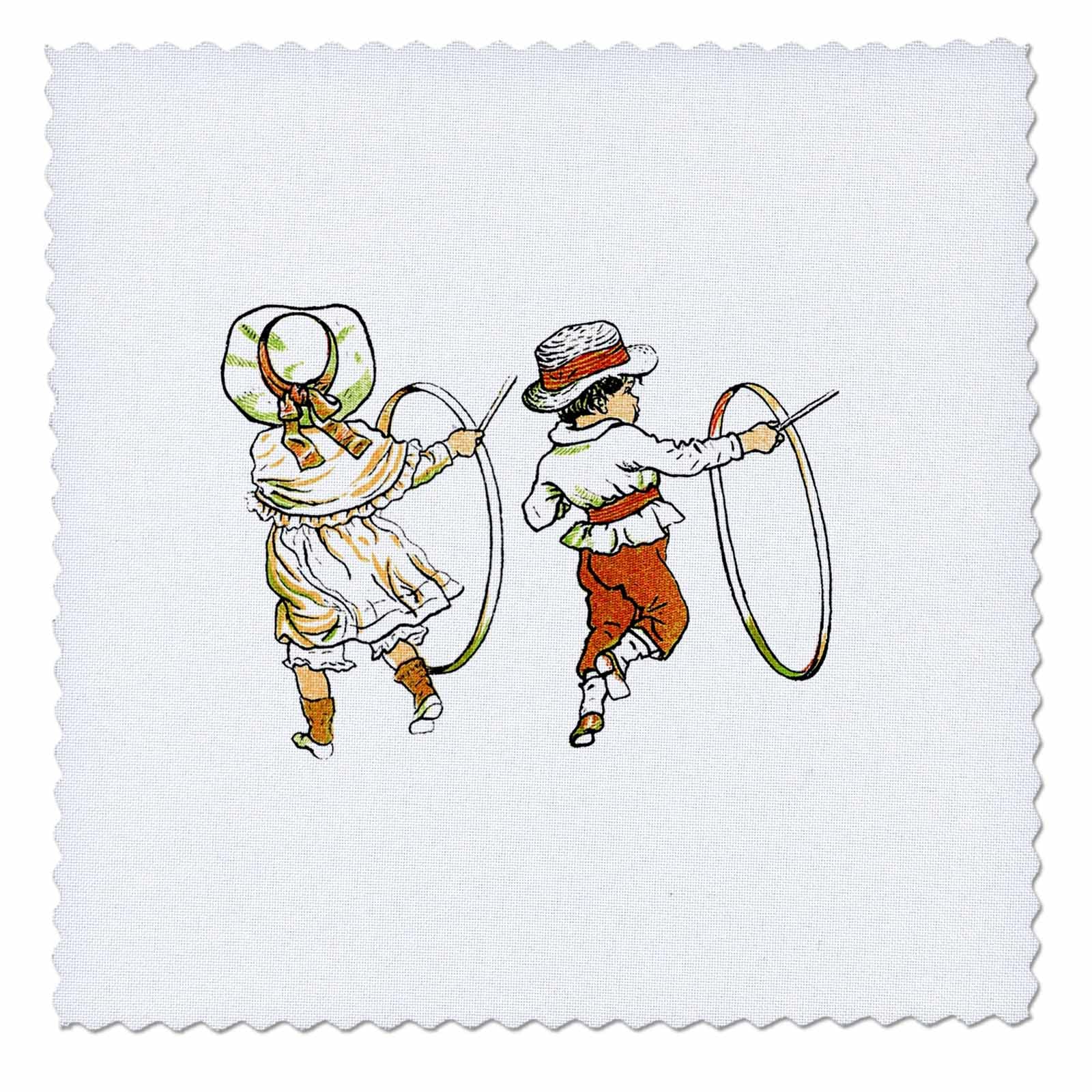 14x14 inch Quilt Square - Pretty Kate Greenaway Illustration of Children Playing Hoop and Stick Kate Greenaway Nursery Designs