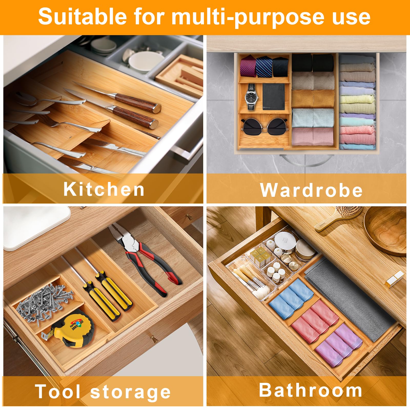 Organizador de cajones de cocina, organizador de cajones de cubiertos de bambú con bandeja expandible para utensilios de cocina, organizador compacto de cajones para tenedores, cucharas,