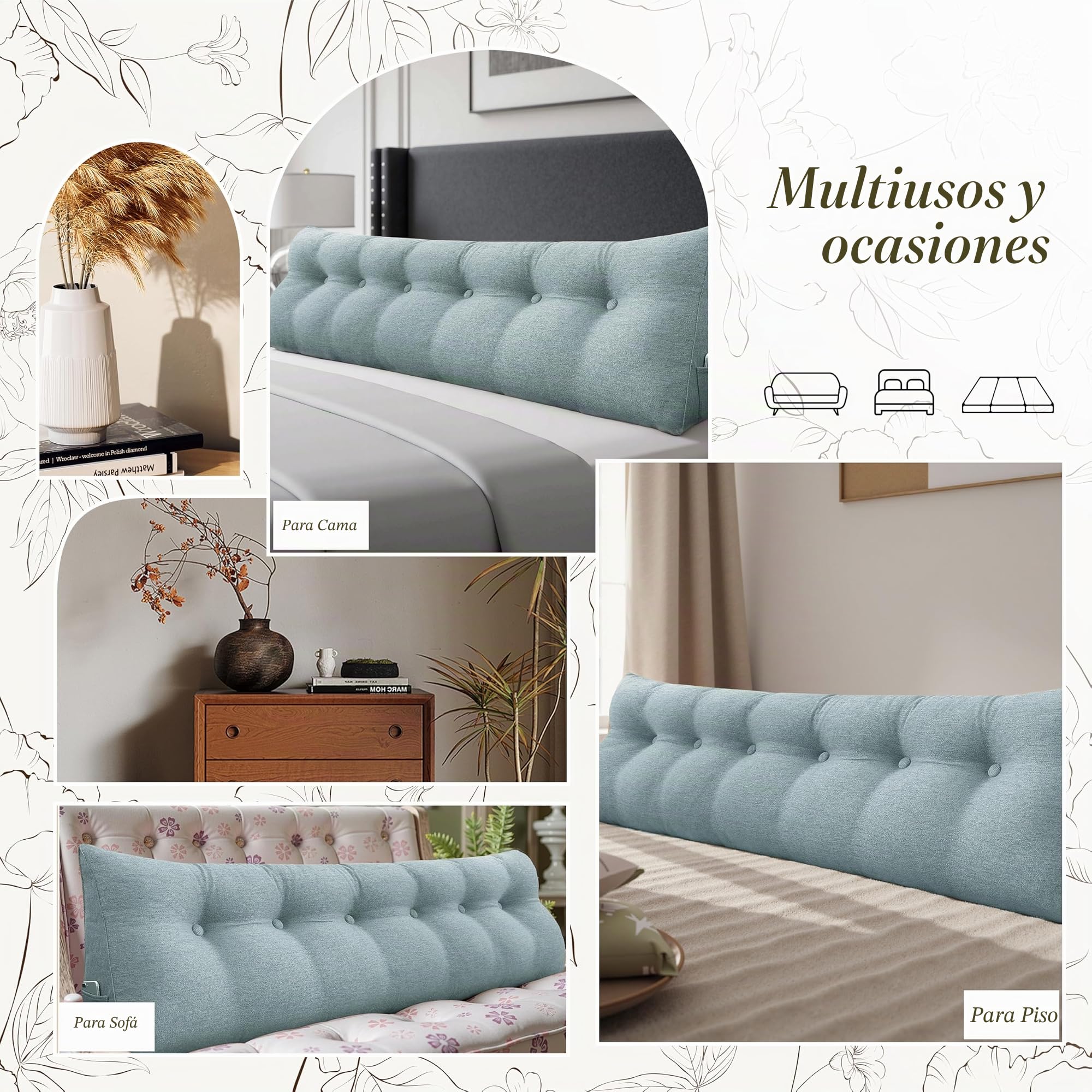 Cojín Respaldo Cama Lectura – Almohada Triangular con Funda Desmontable y Lavable, Cojines Grandes para Cama y Sofá, Respaldo Cómodo para Lectura y Descanso