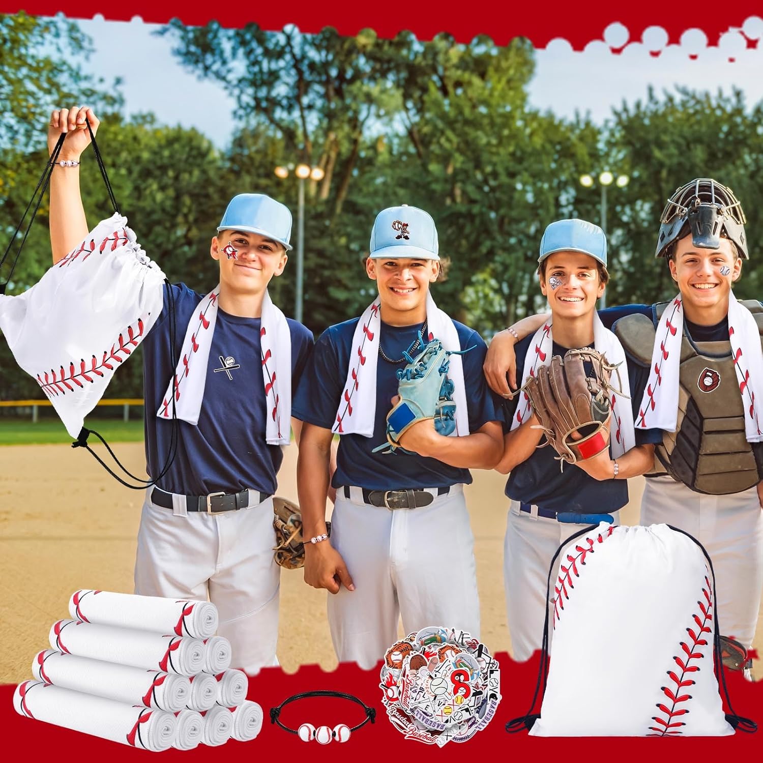 80 Pcs Baseball Party Favors Drawstring Goodie Bags Baseball Birthday Party Supplies Favors Includes Cooling Towels Bracelets Stickers for Birthday Sports Theme Supplies - Image 4
