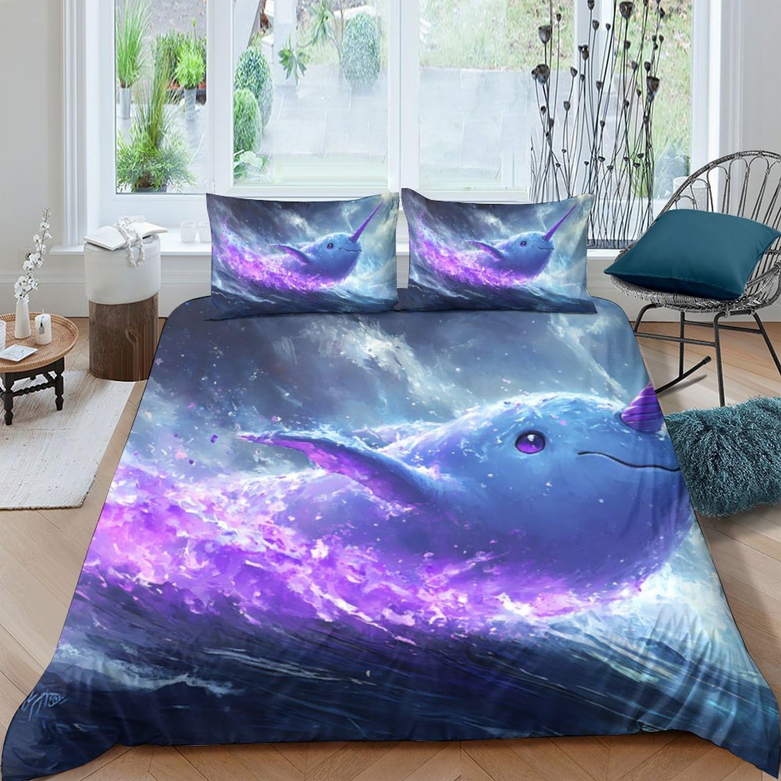 Ctjqhvkz Style-4 3D Printed Fantasy Whale Fitted Sheet Microfiber Soft Anti-Slip Ocean Aurora Mattress Cover Bedroom Decor Single（135X200cm）