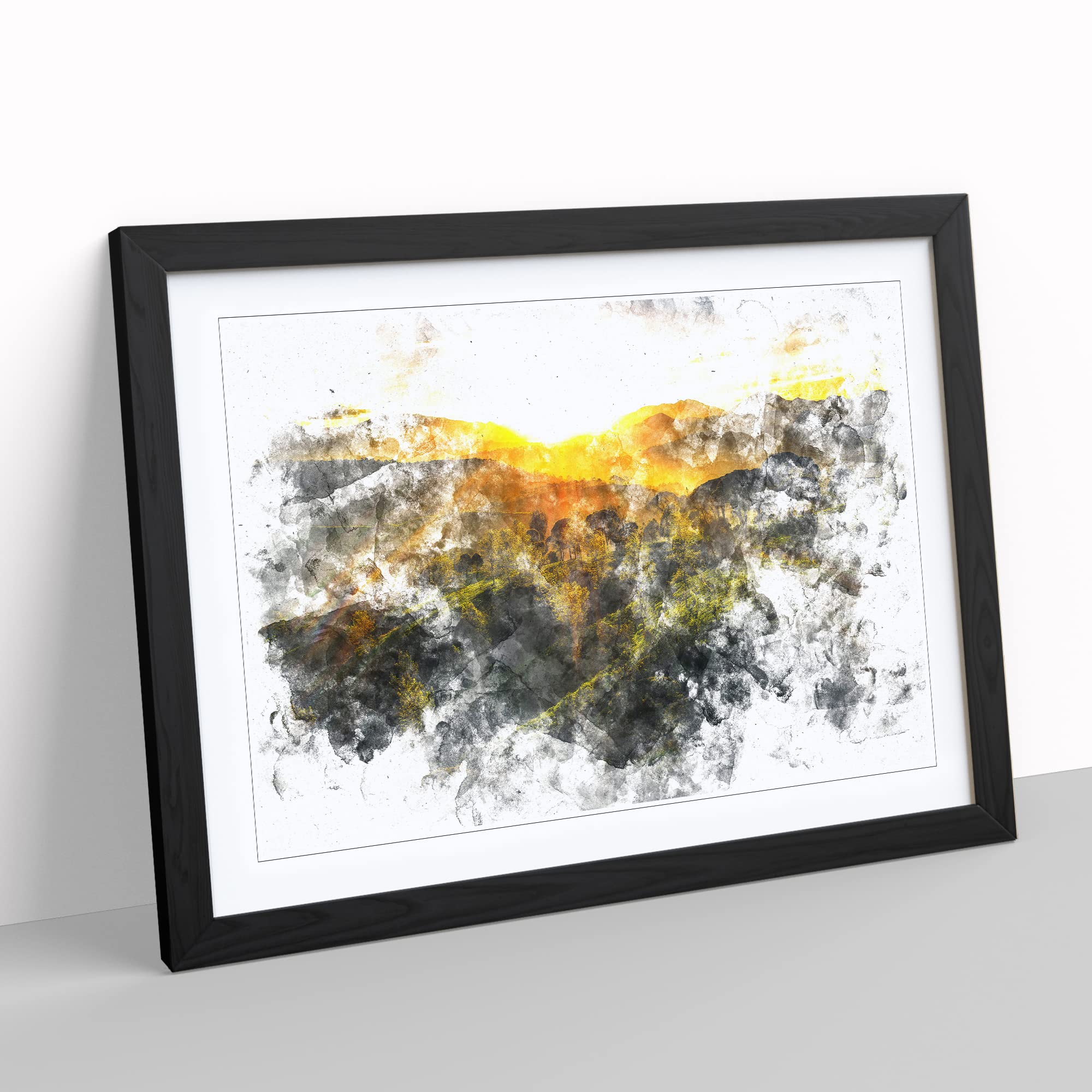 Sunlight Over The Countryside Watercolour Modern Framed Print, Black, A3 (46 x 34 cm) - Image 2