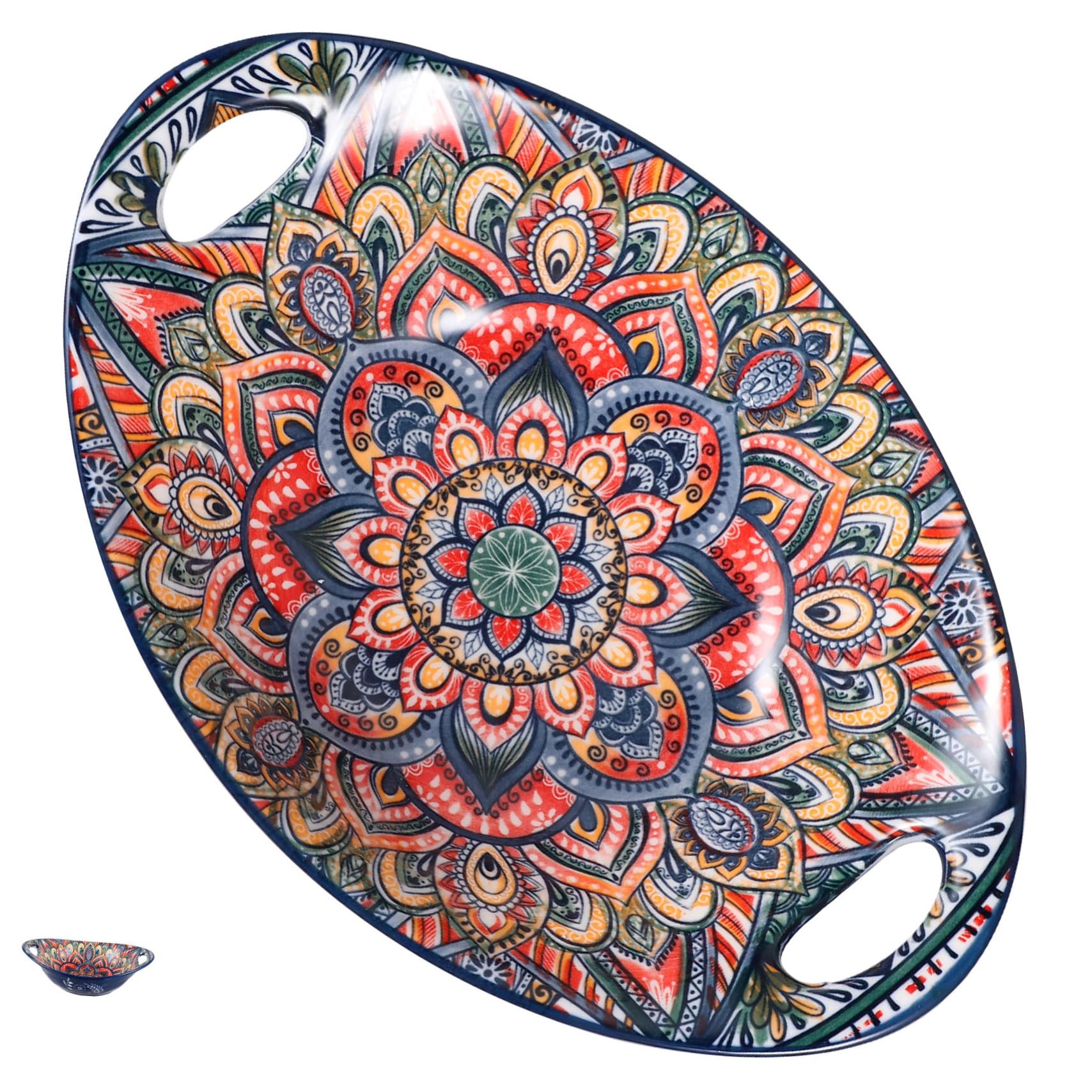 Bol en céramique bleu 23 cm Yuanbao à double anse pour salades