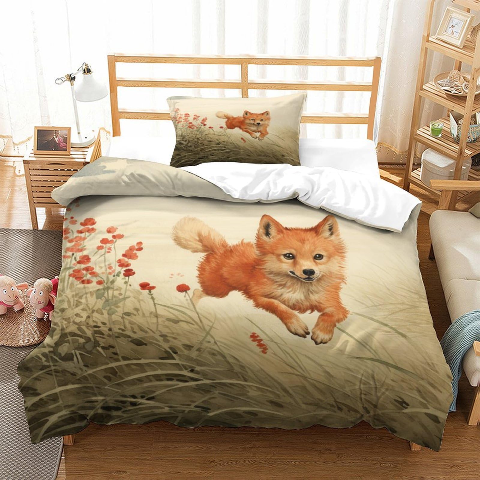 P1S9U7W5Y Rustic Nature 3D Printed Fox Duvet Cover Set 3PCS Microfiber Animal Bedding Set Single
