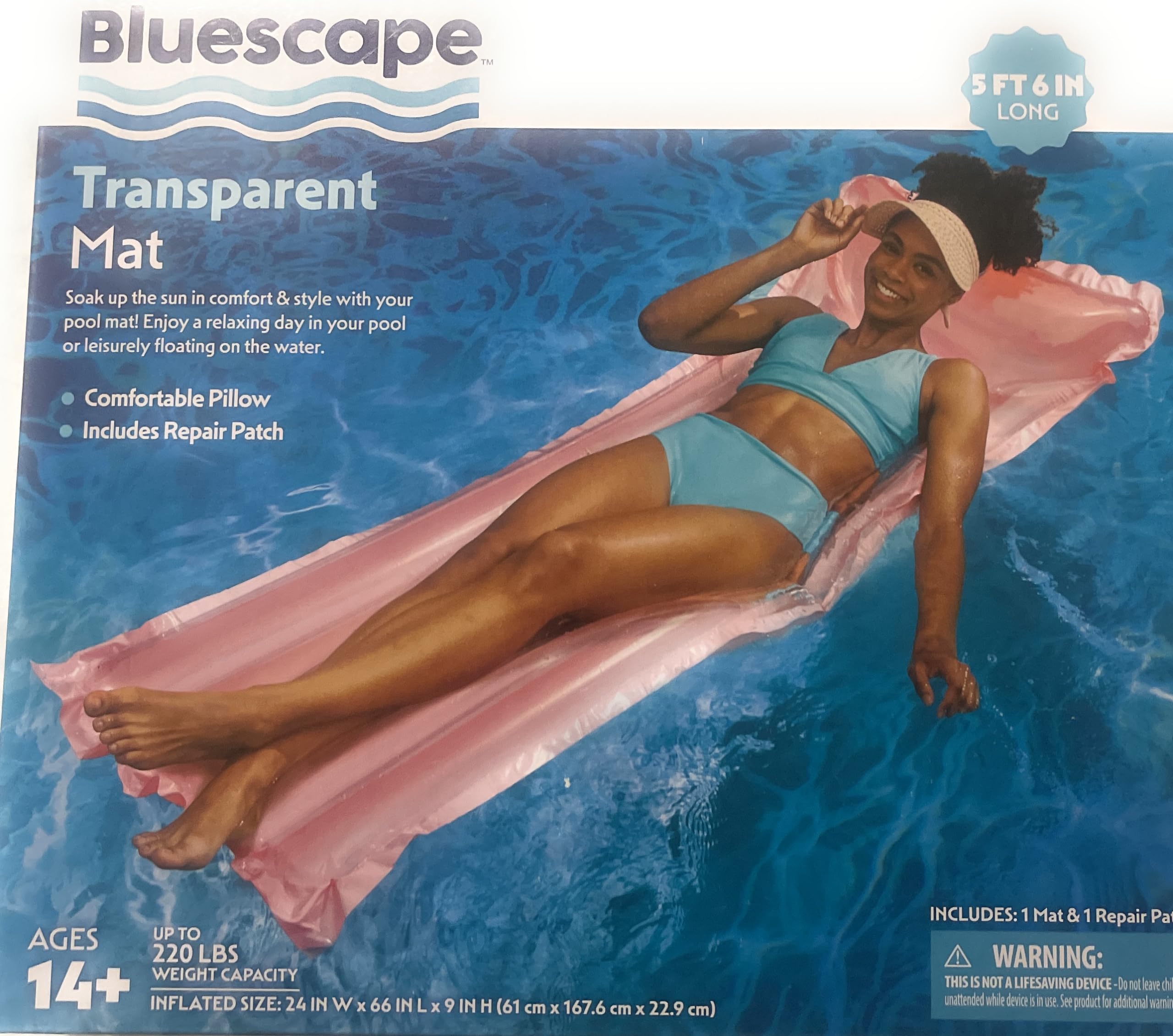 Bluescape Pink Blue Green Transparent Air Mat, Inflatable Pool Float, Adults, Unisex (Pink)